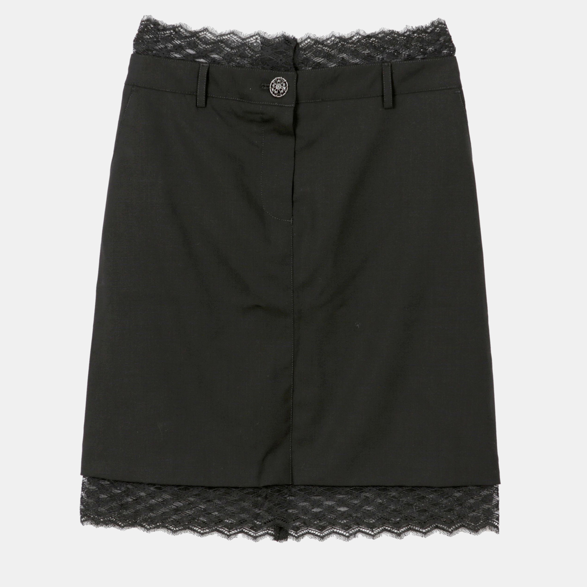 

Chanel Black Wool Lace Trimmed Skirt Size