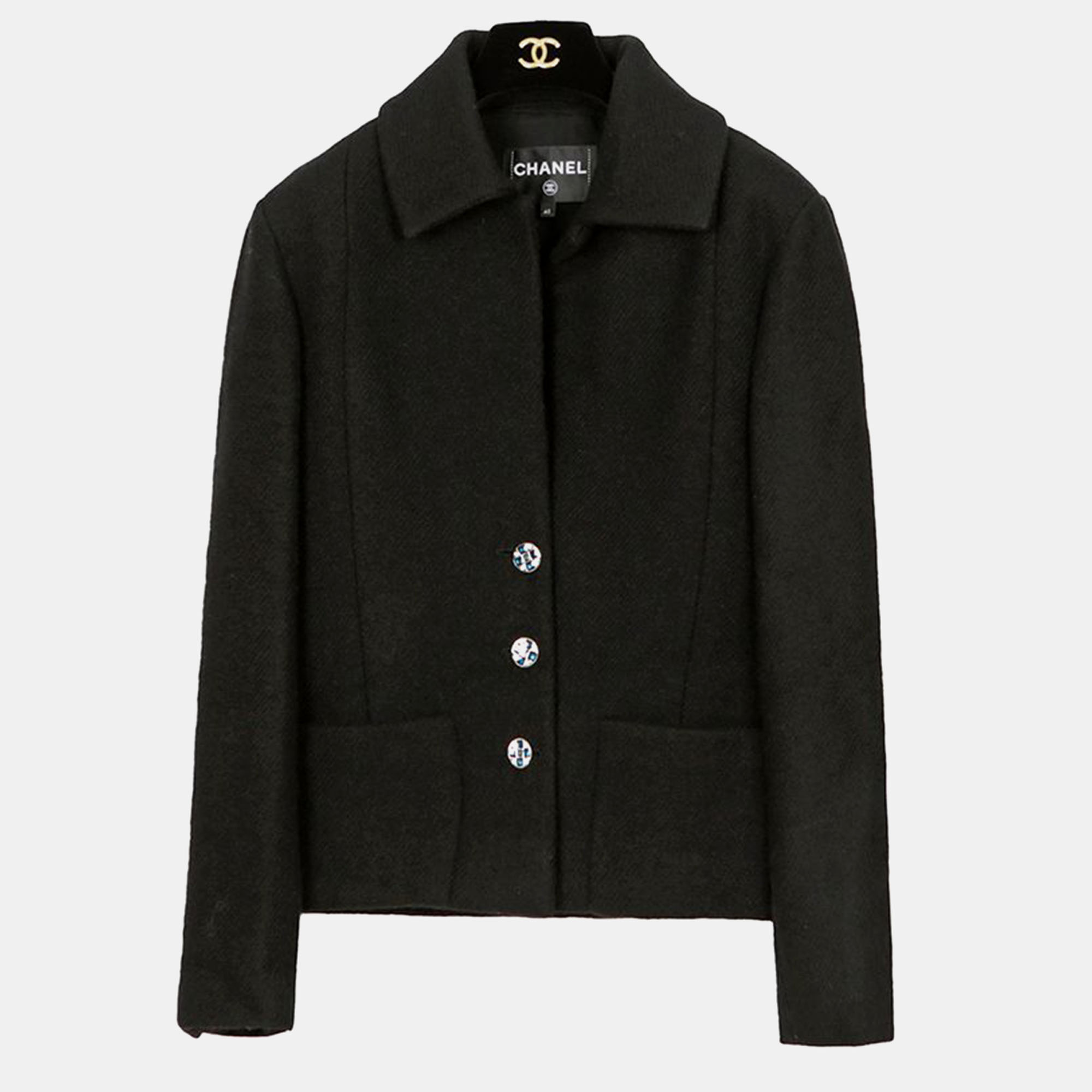 

Chanel 3 Button Wool Jacket Size, Black