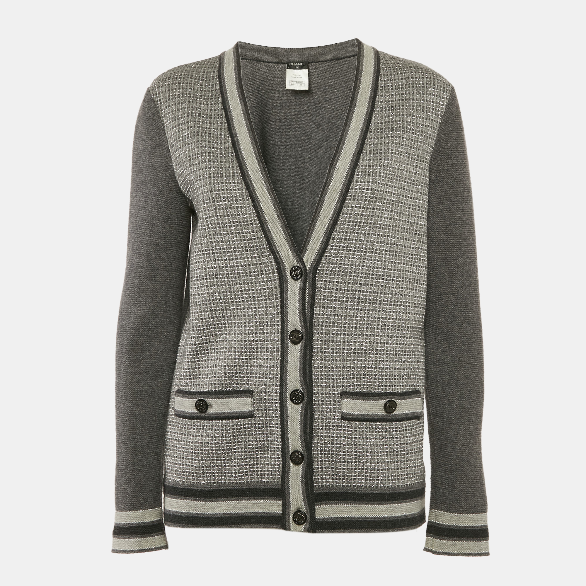 

Chanel Grey Lurex Knit Button Front Cardigan S