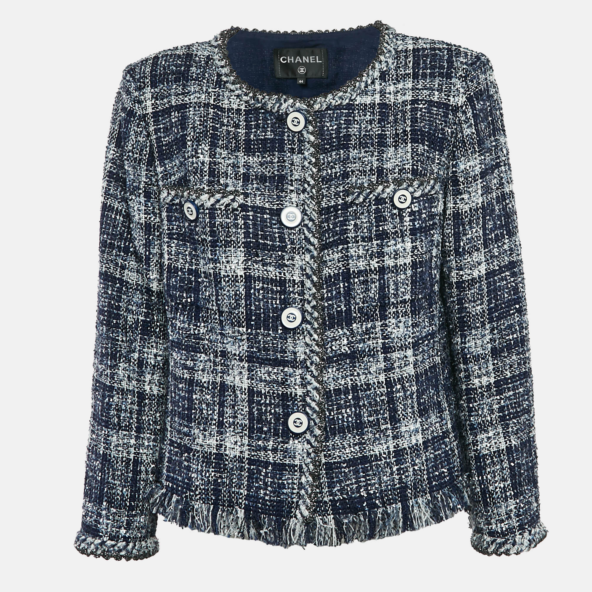 

Chanel Navy Blue Tweed Logo Button Detail Jacket L