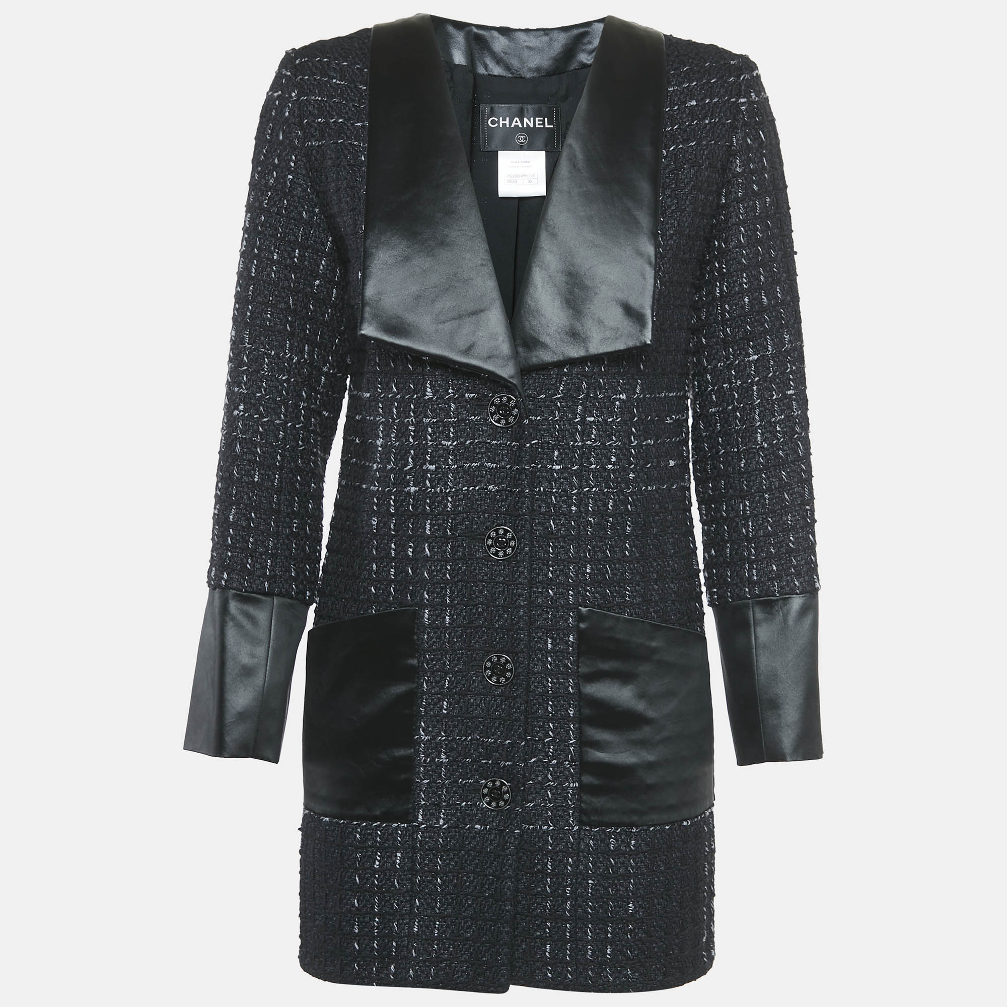 

Chanel Black Satin Trim Tweed Coat S