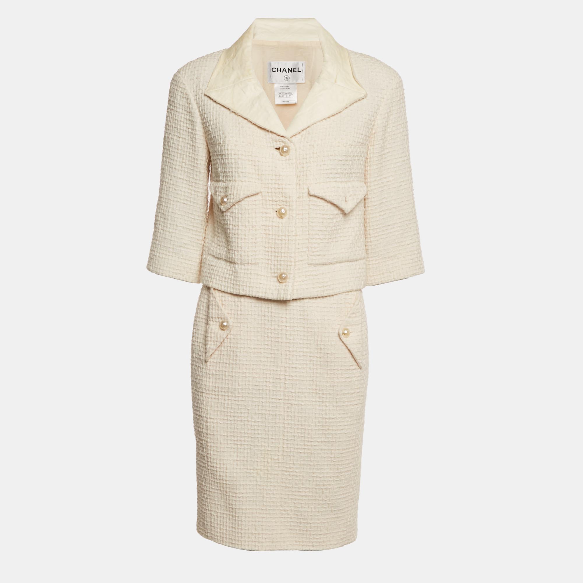 

Chanel White Tweed Leather Trim Detail Jacket & Skirt Suit M, Cream