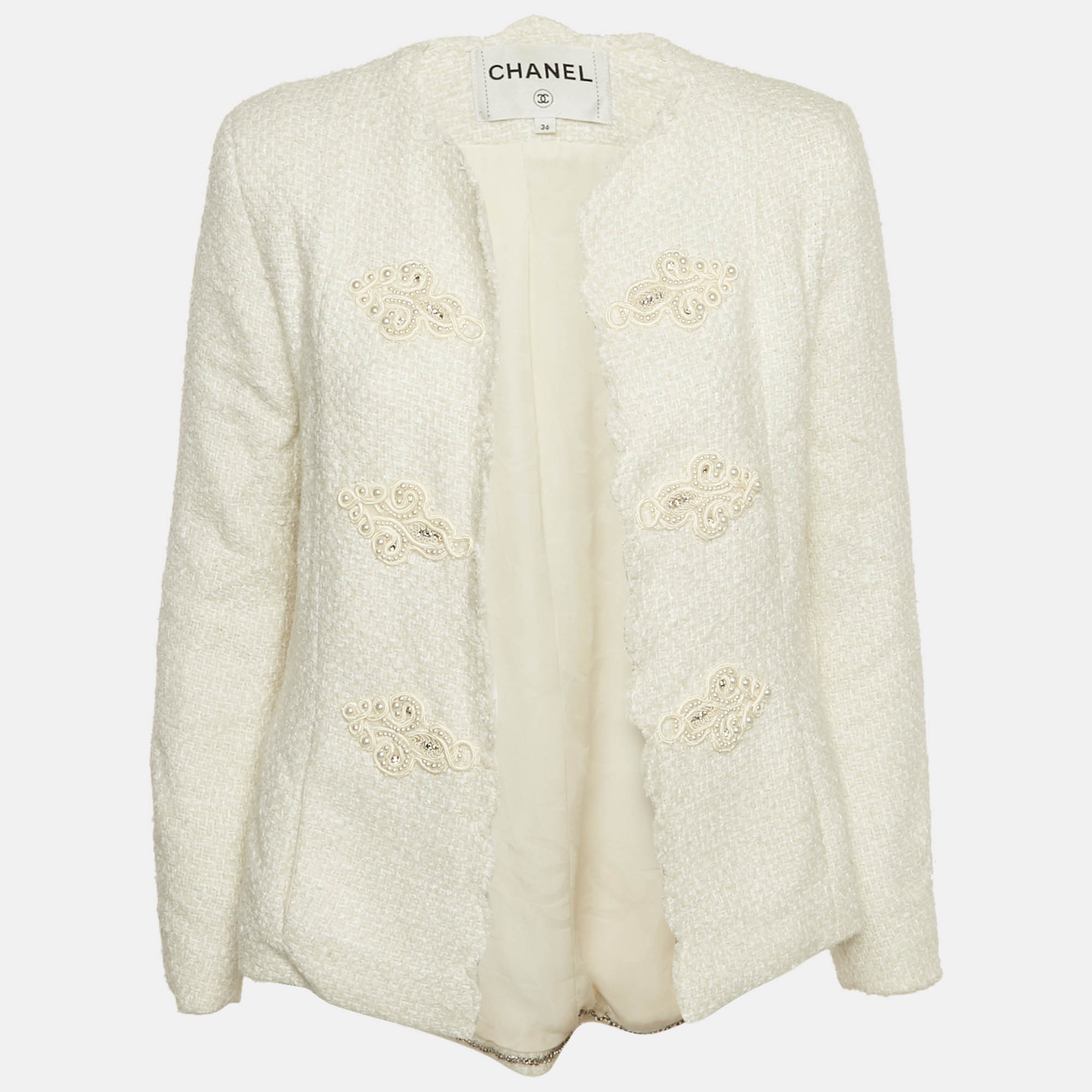 

Chanel White Tweed Beads Embellished Jacket S