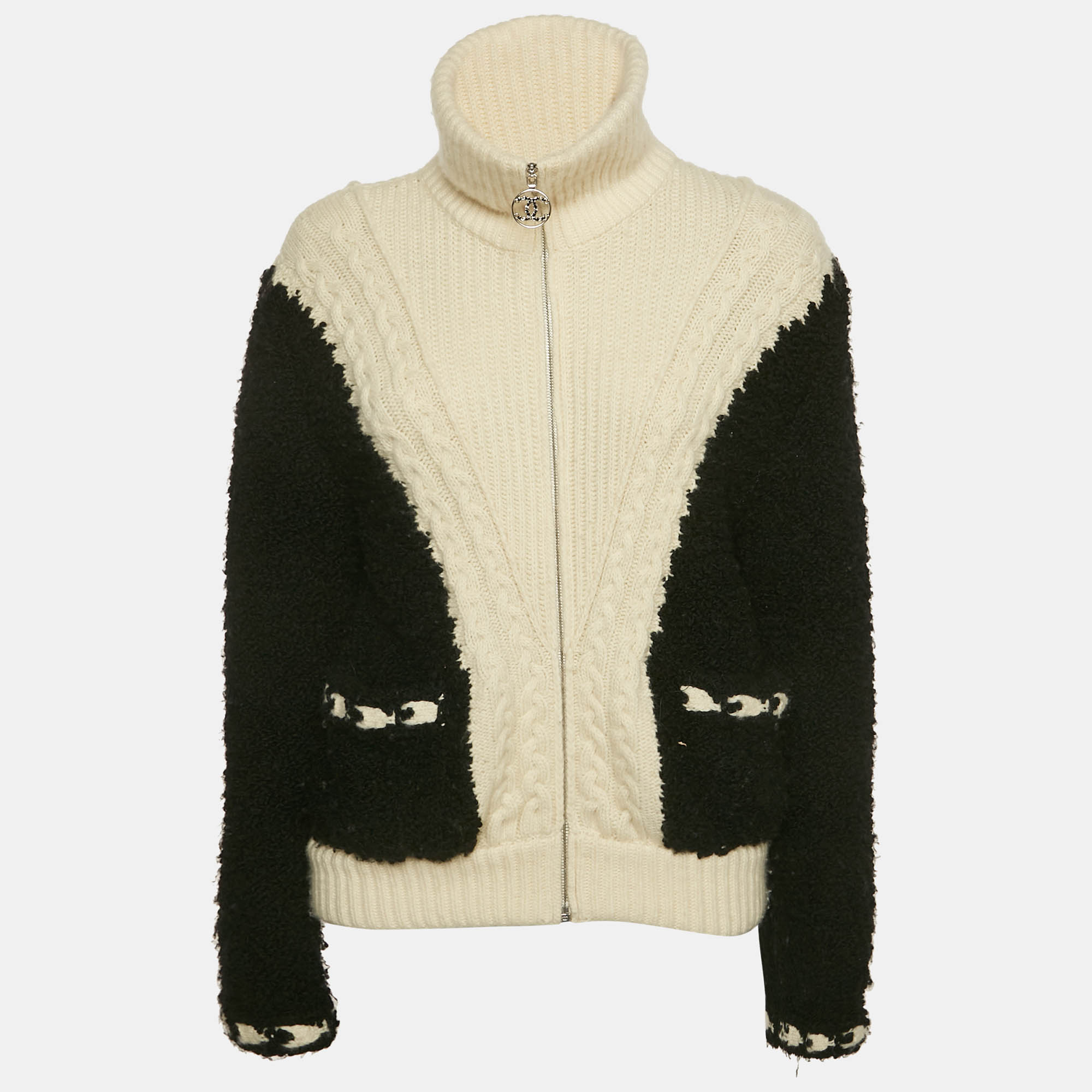 

Chanel Black/White Cable Knit and Shearling Zip-Up Jacket S