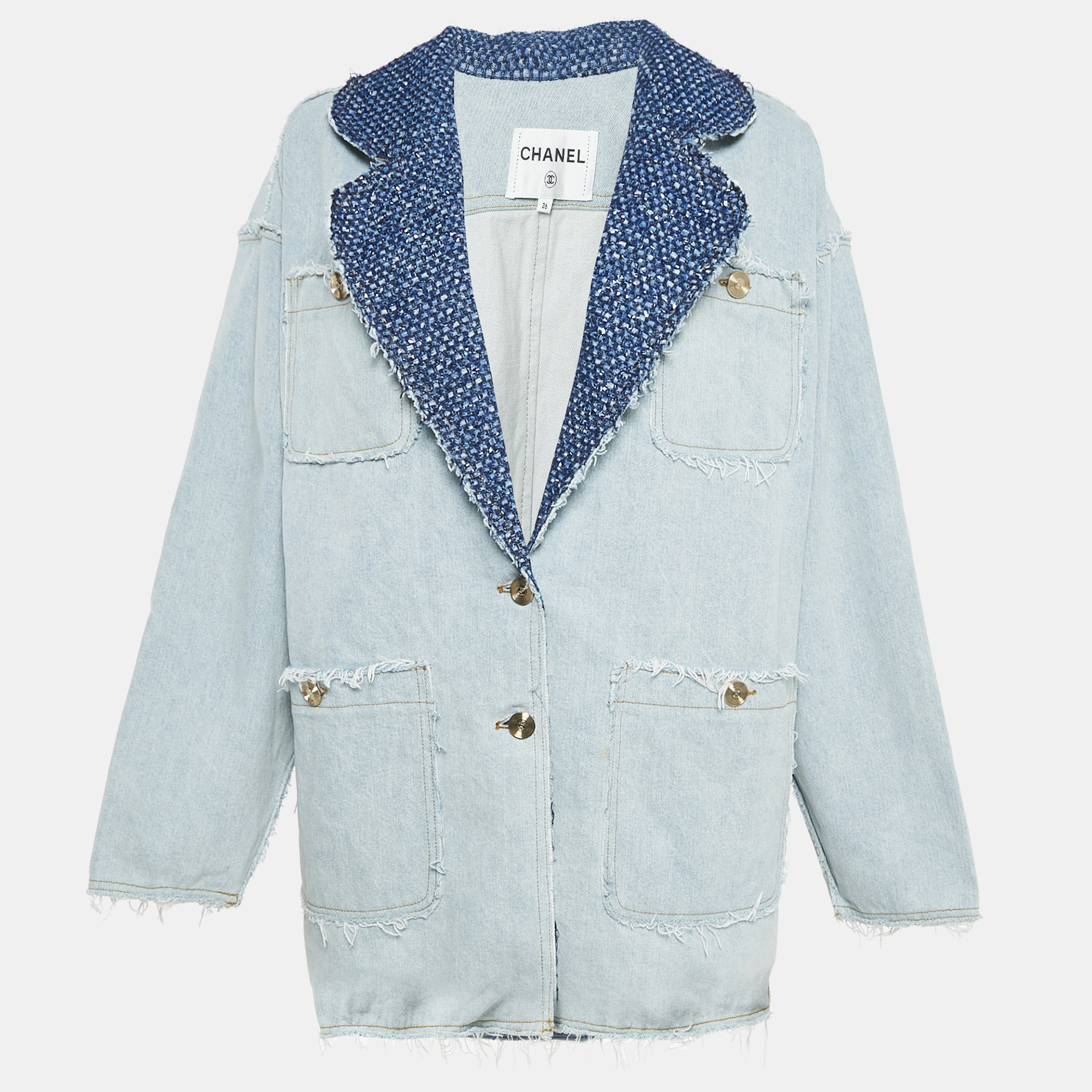 

Chanel Blue Tweed Trim Collar Denim Raw Edges Jacket S