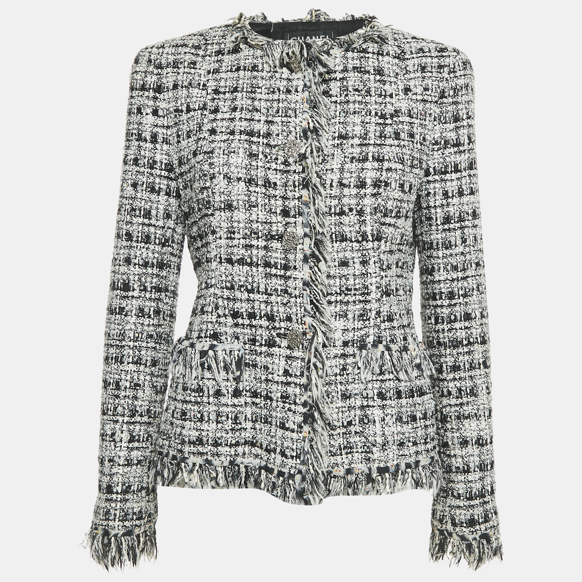 

Chanel Black/White Tweed Fringed Button Front Jacket L