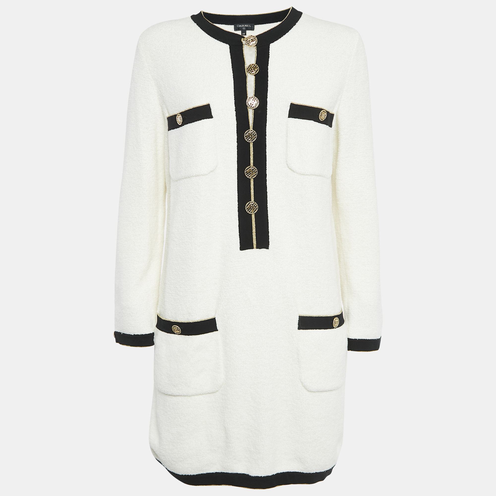 

Chanel White Terry Cotton Knit Embellished Button Short Dress M