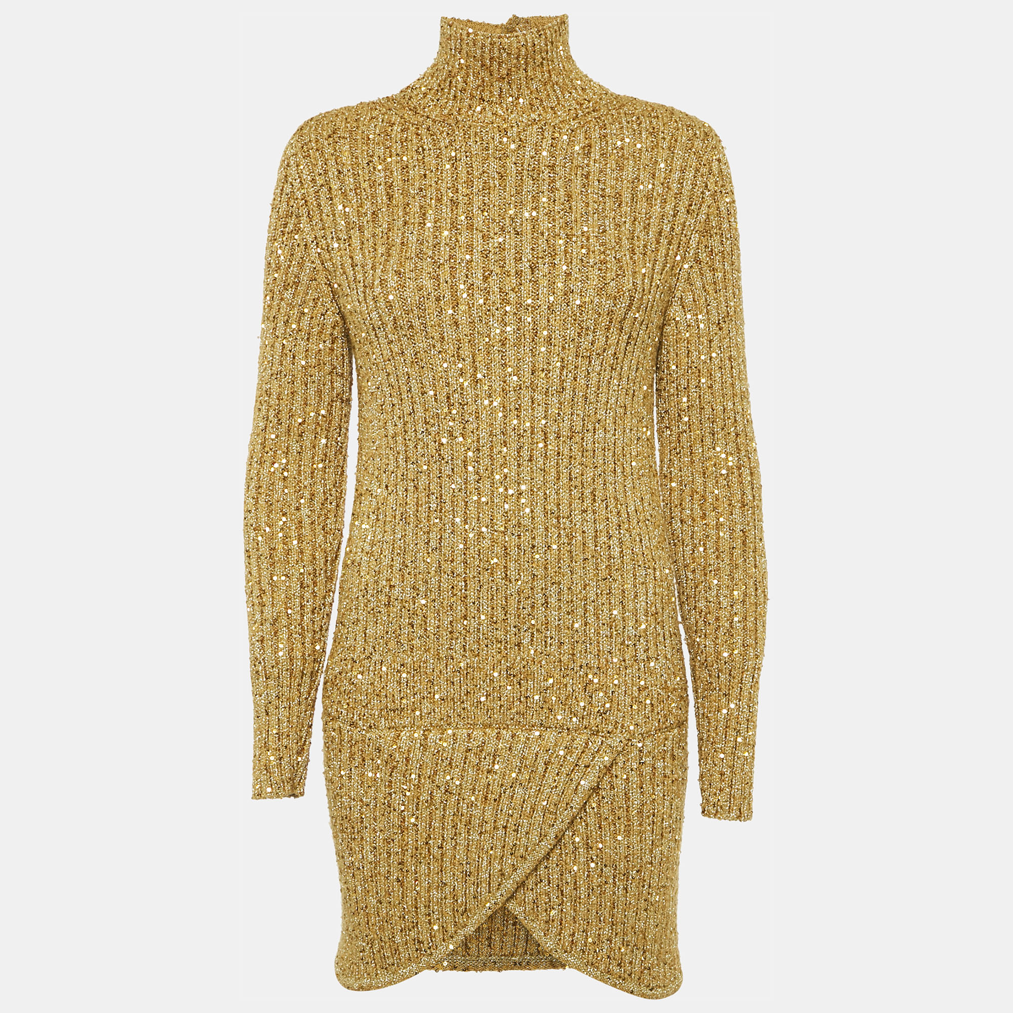 

Chanel Gold Sequin Embellished Rib Knit Mini Sweater Dress S