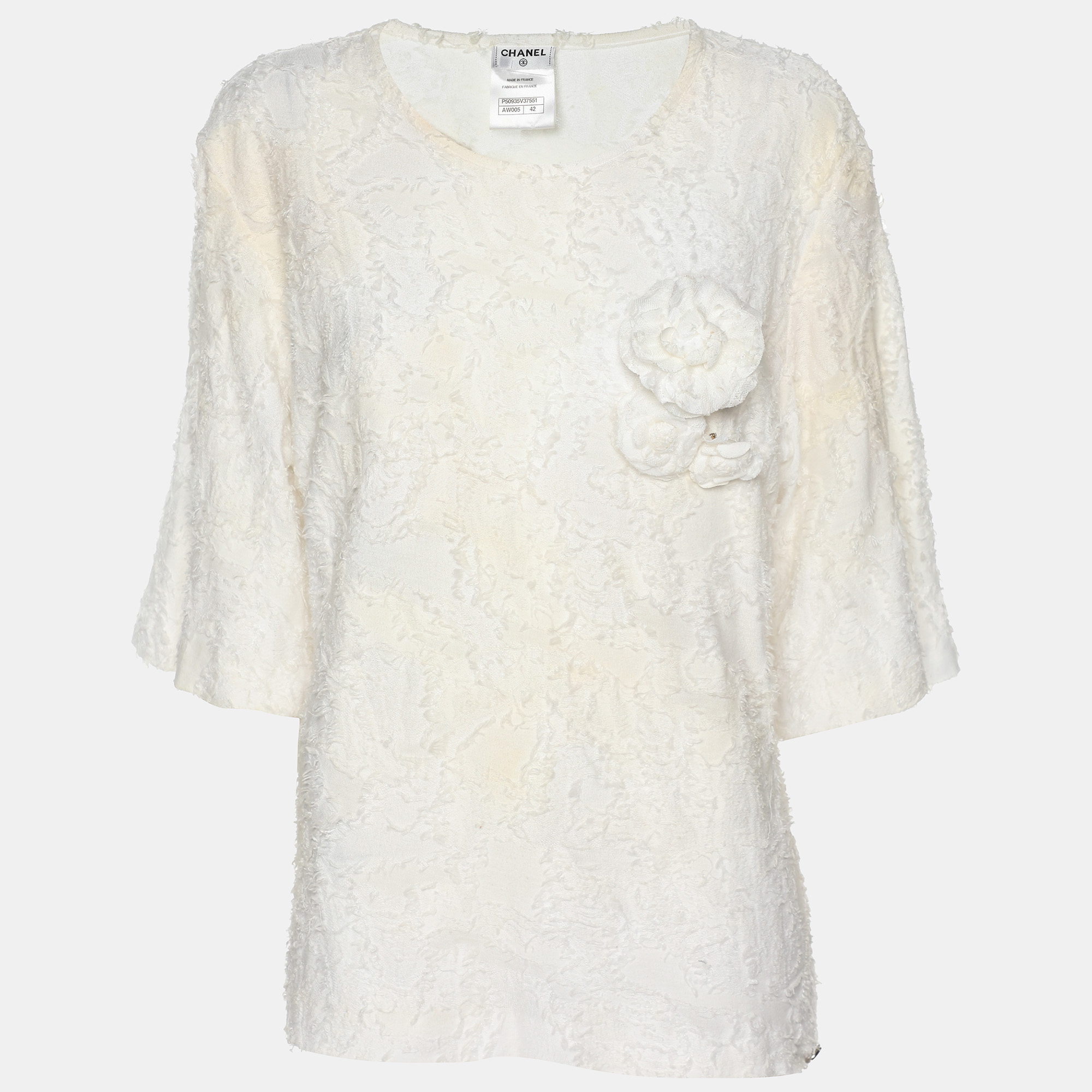

Chanel White Fabric Camelia Top L