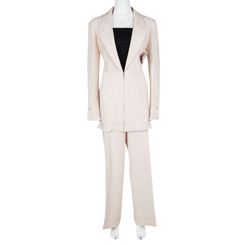 

Chanel Blush Pink Textured Camellia Brooch Detail Blazer and Wide Leg Pants Suit