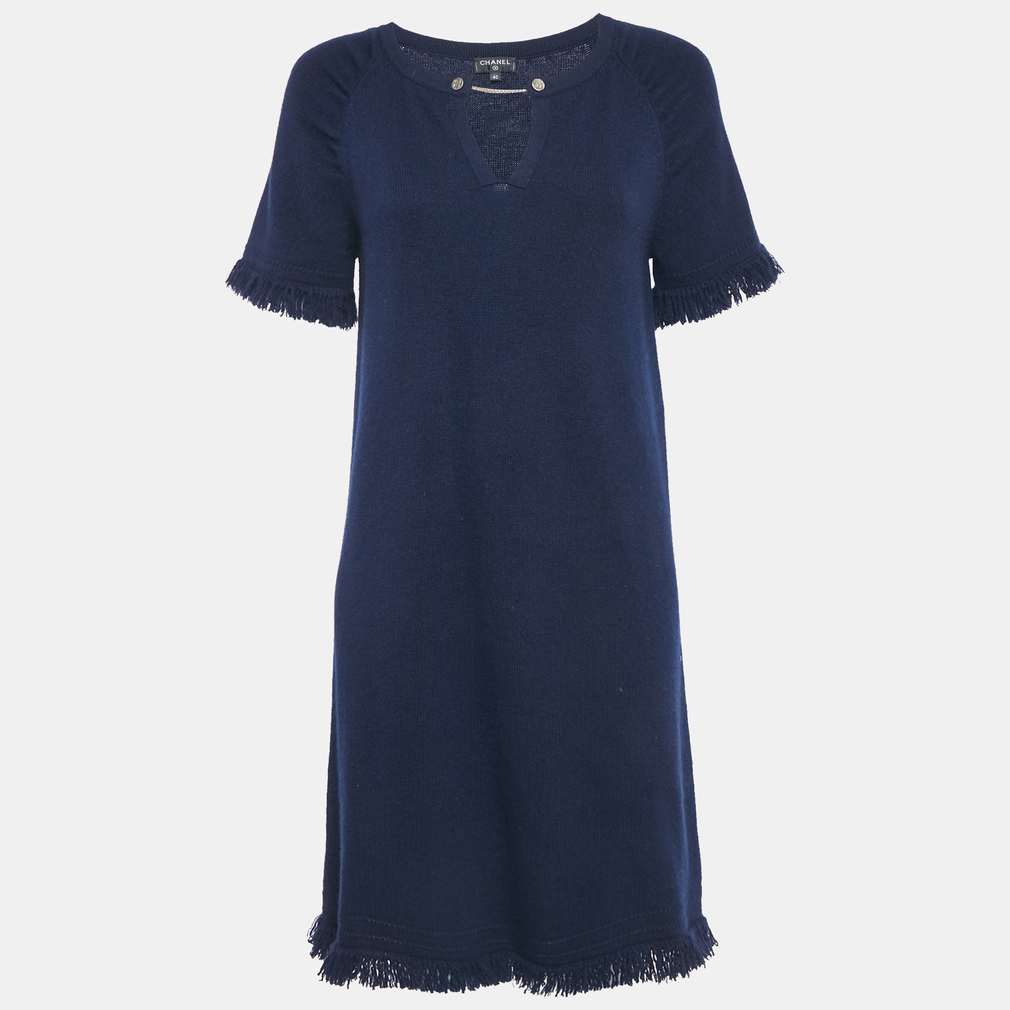 

Chanel Navy Blue Fringed Cashmere Knit Short Dress M