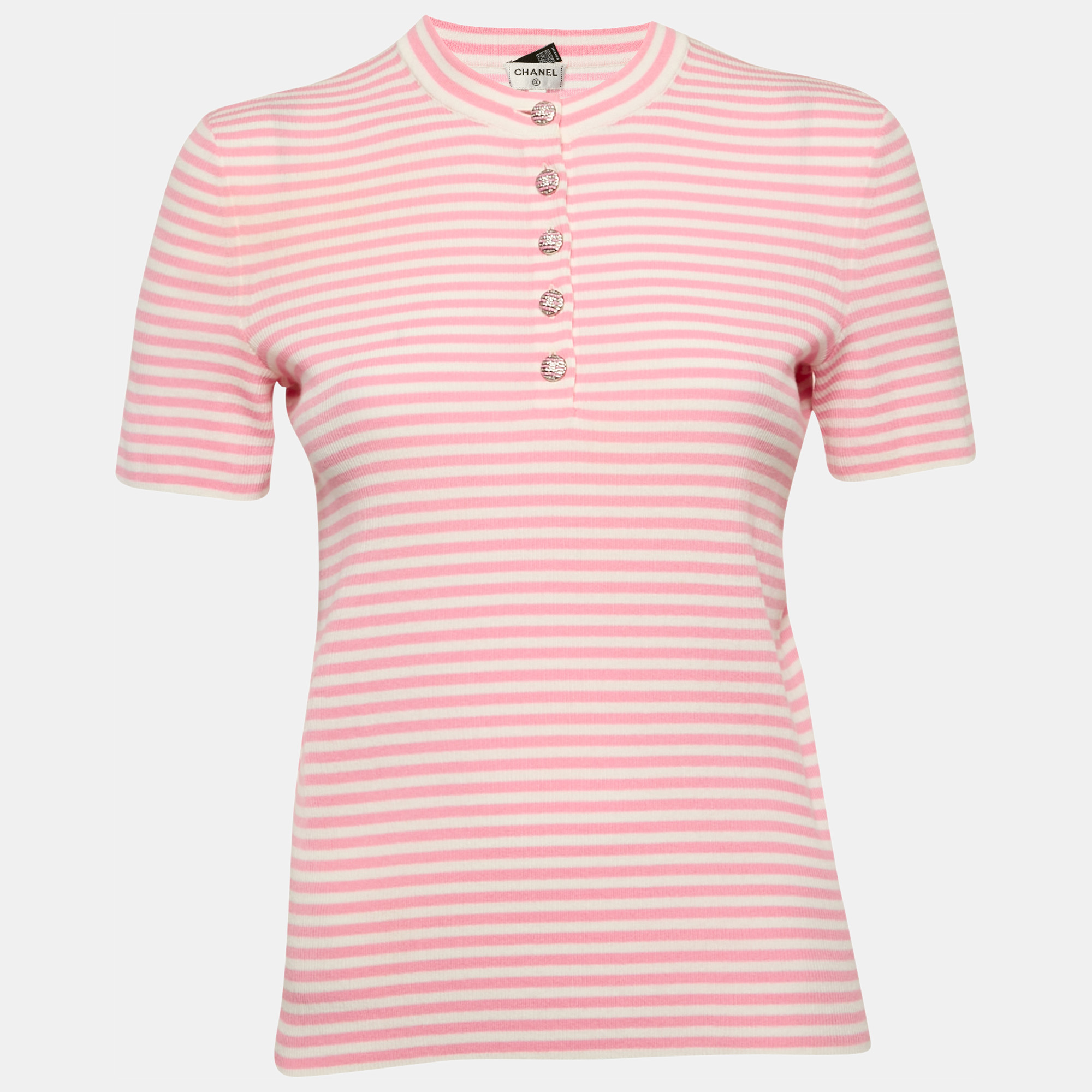 

Chanel Pink/White Stripe Rib Knit Button Detail Top M