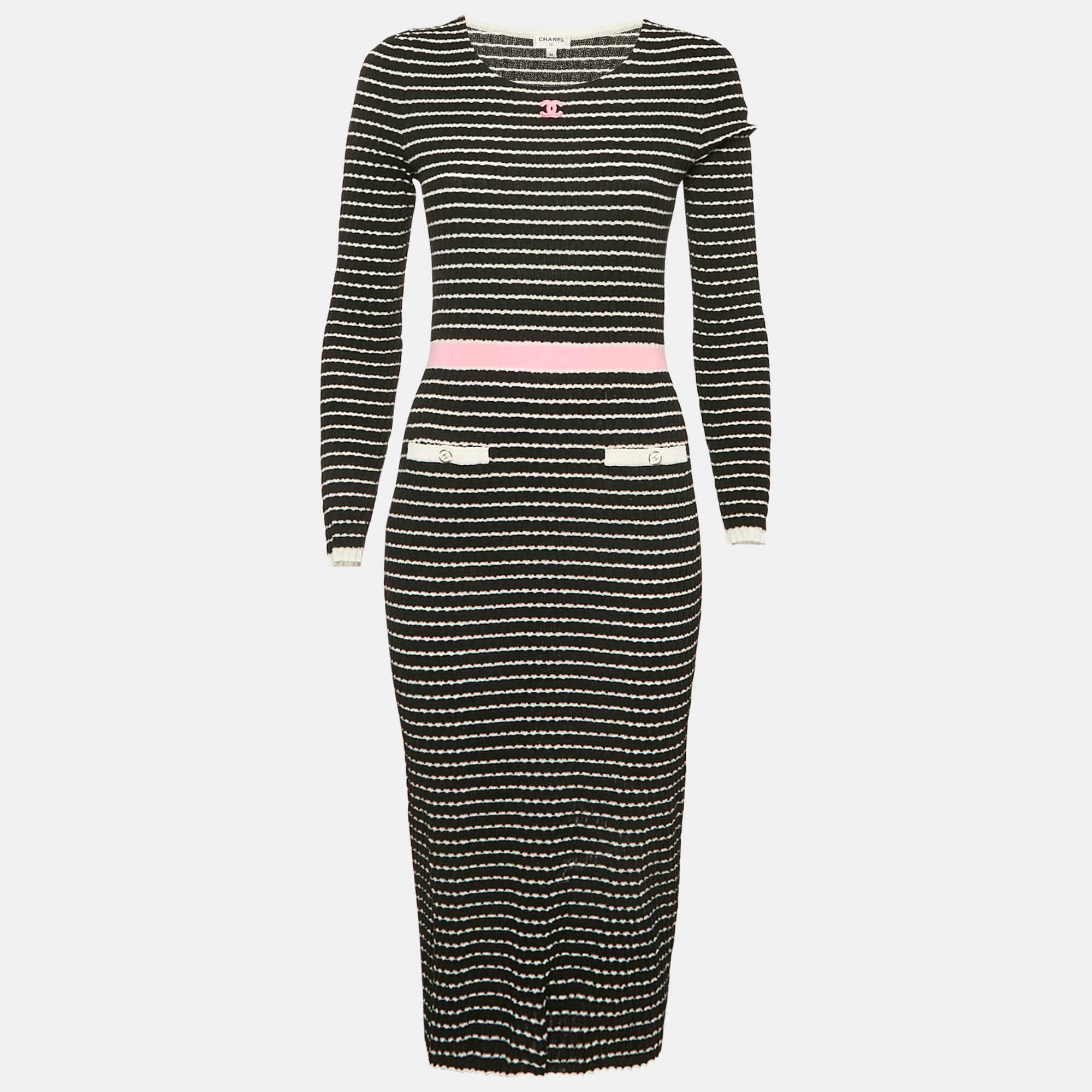 

Chanel Black Patterned Knit Midi Dress S