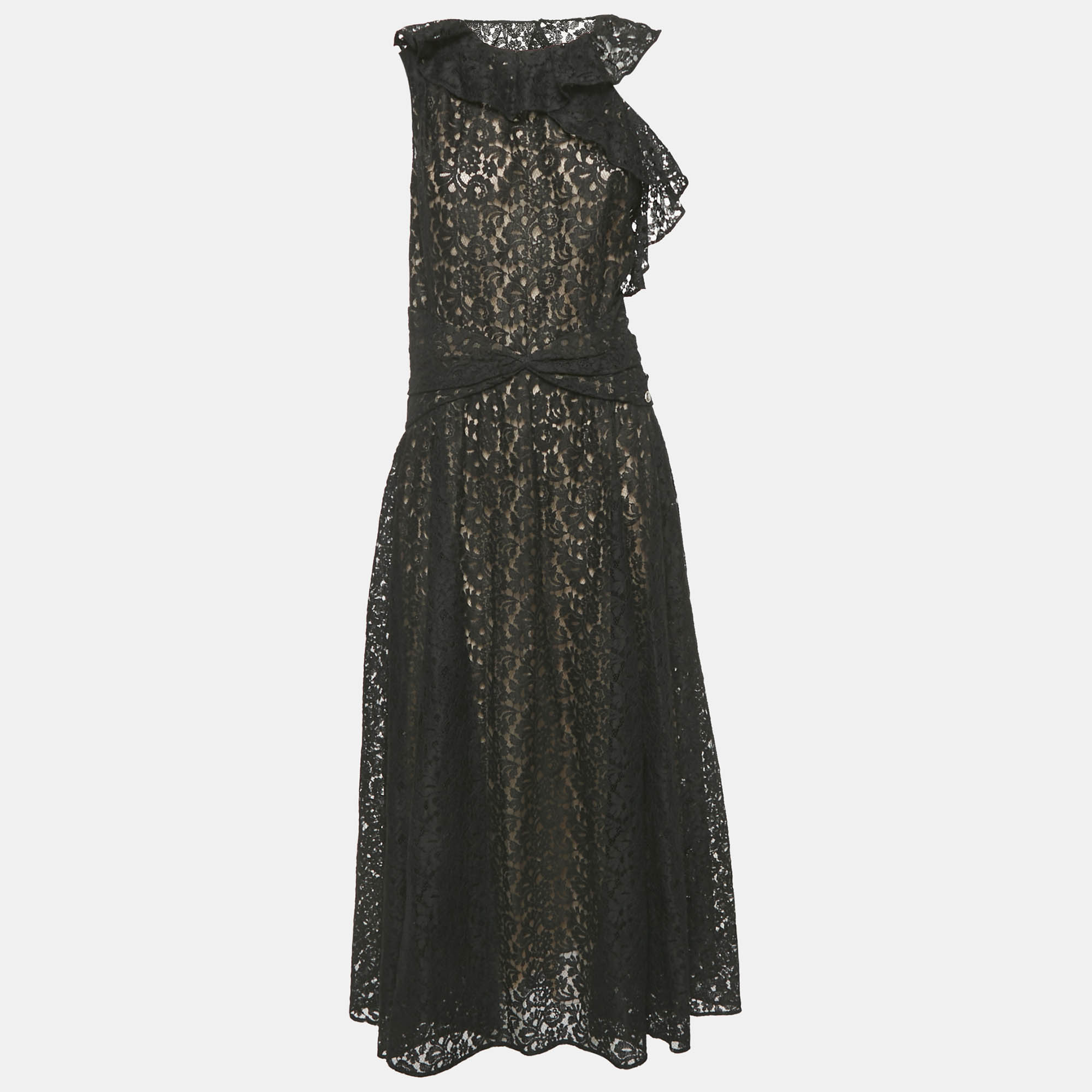

Chanel Black Lace Ruffled Asymmetric Sleeve Midi Dress XXL