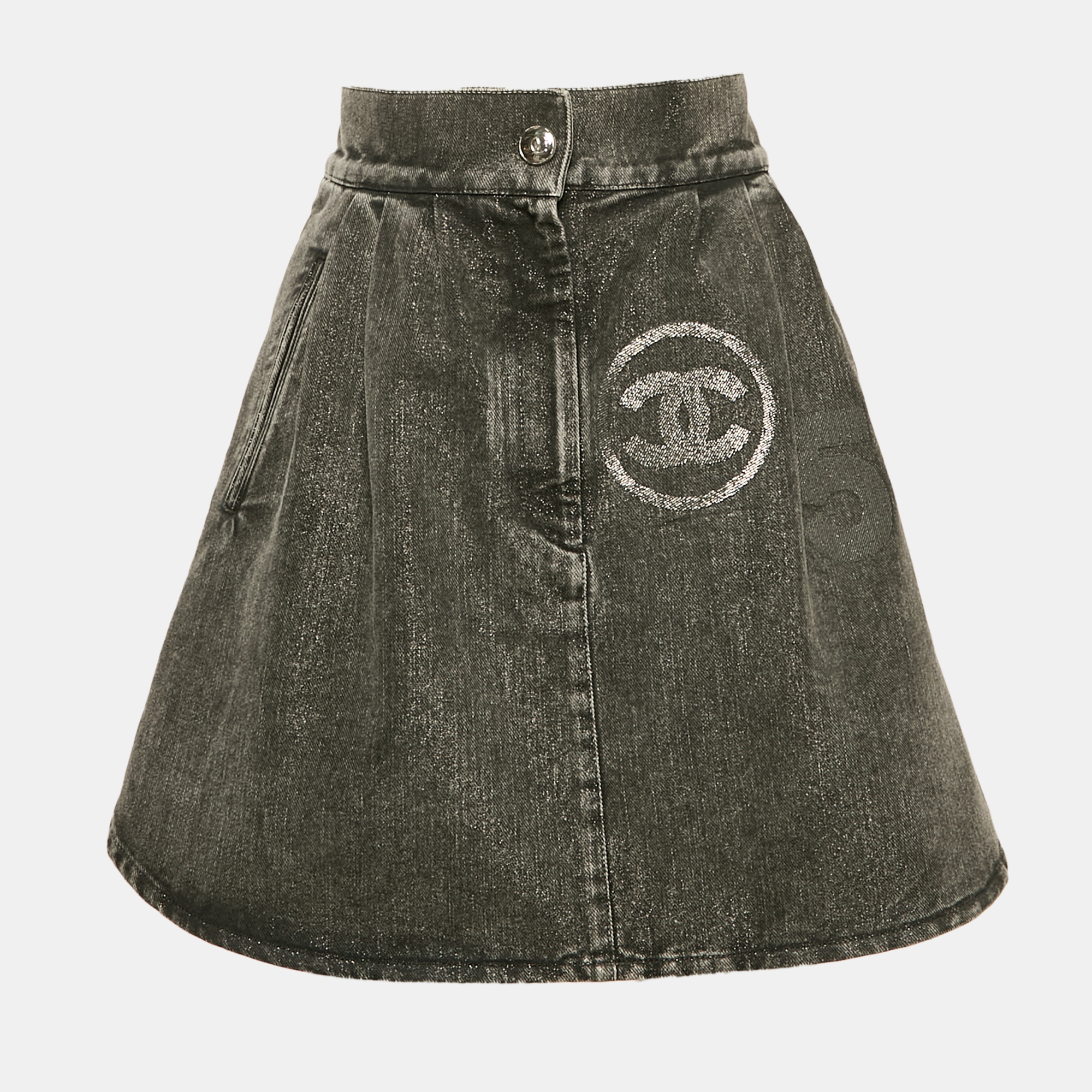 

Chanel Grey logo Applique Lurex Denim No5 Mini Skirt S