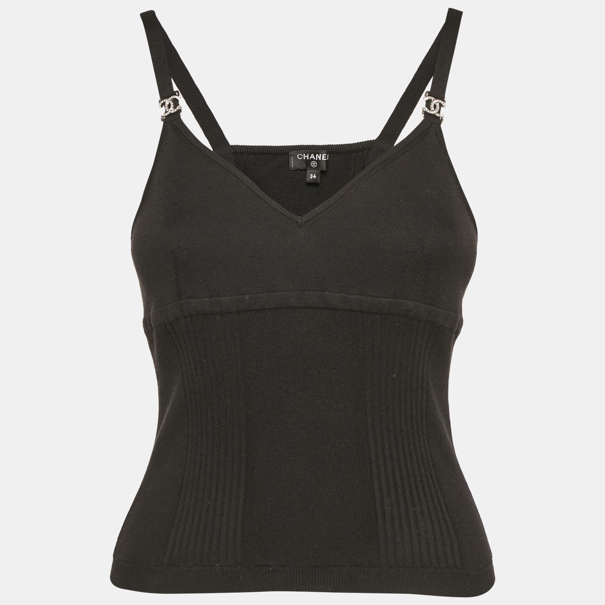 

Chanel Black Rib Knit CC Crystal Detail Camisole S