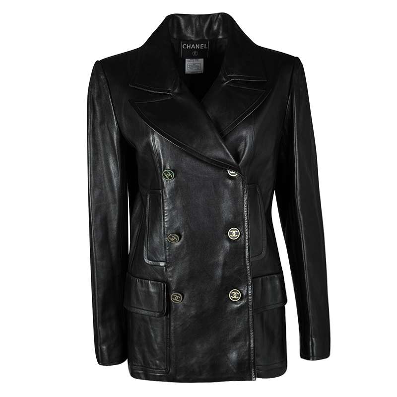 Chanel Black Lambskin Leather Double Breasted Coat M Chanel | TLC