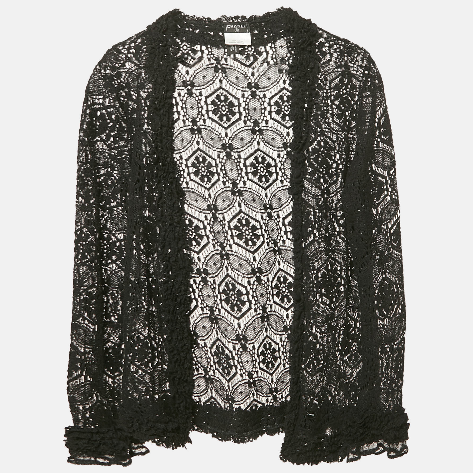 

Chanel Black Lace Ruffled Open Front Cardigan M