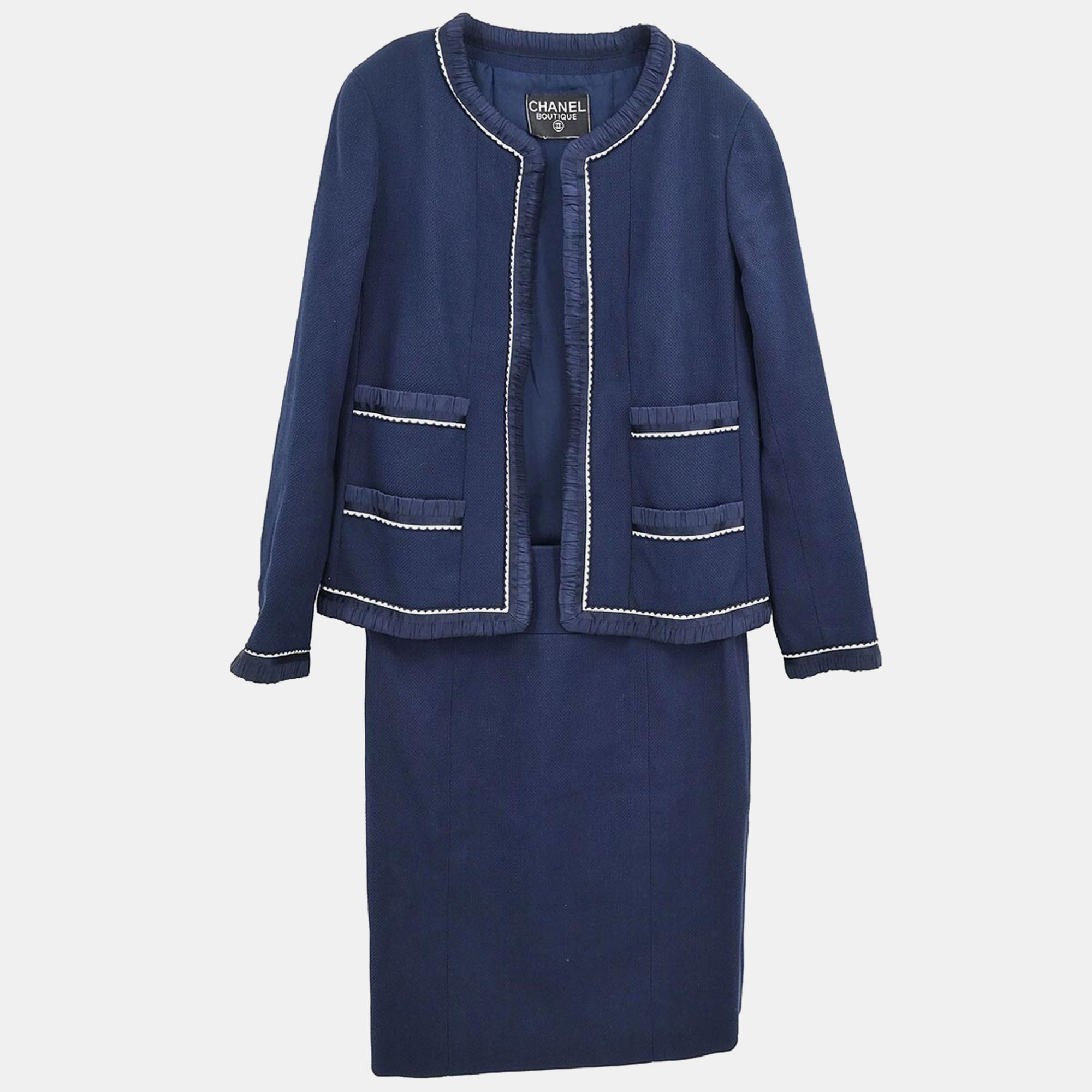 

Chanel Navy Wool Collarless Jacket Skirt Suit Size, Navy blue