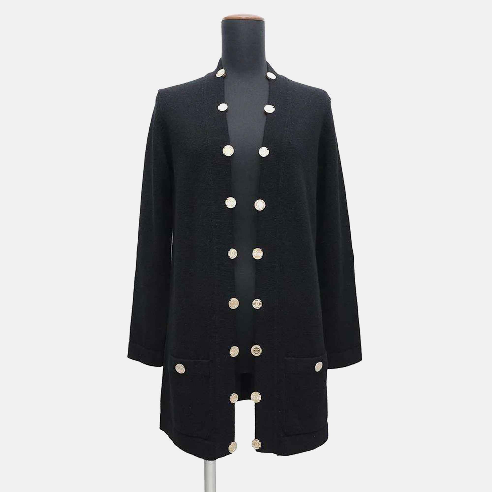 

Chanel Long Knit Cardigan Size 36 Black Cashmere100%