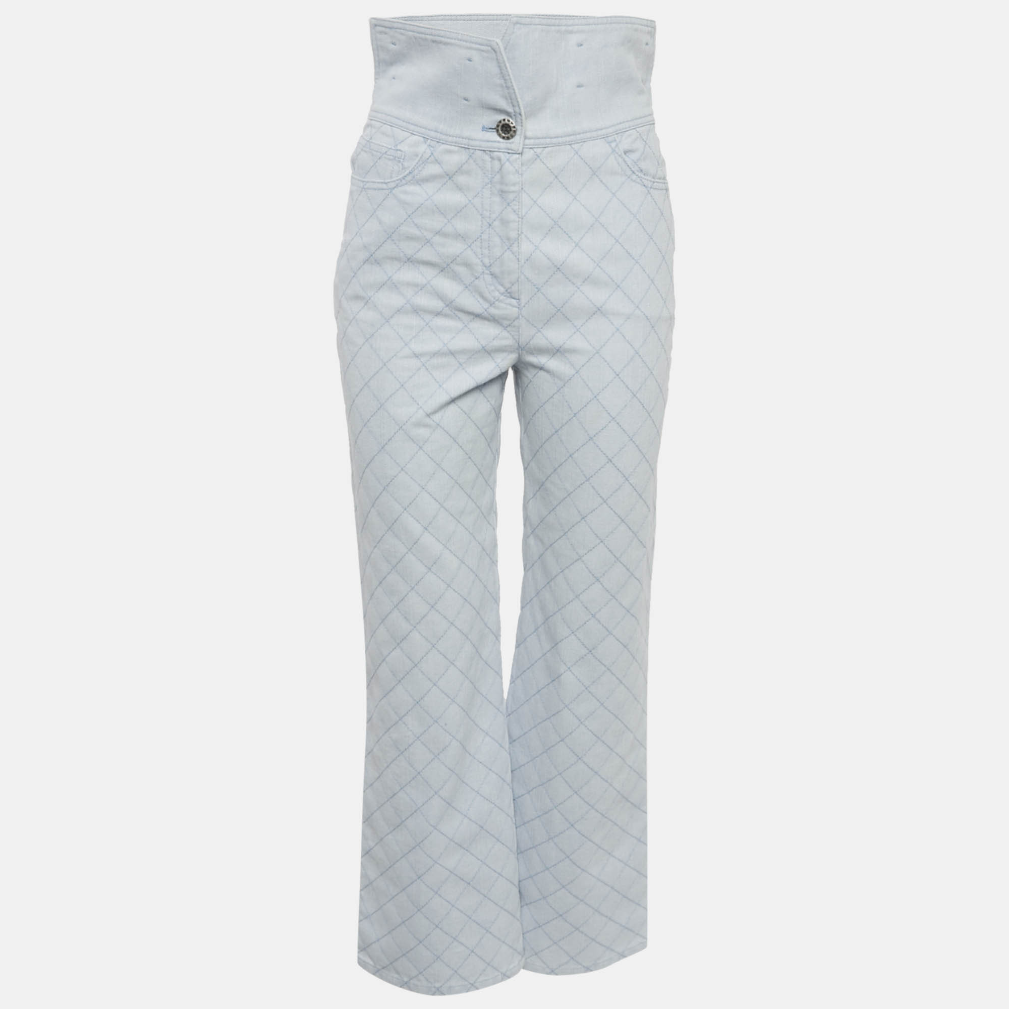 

Chanel Blue Diamond Embroidered Denim Folded Waist Jeans S Waist 27"