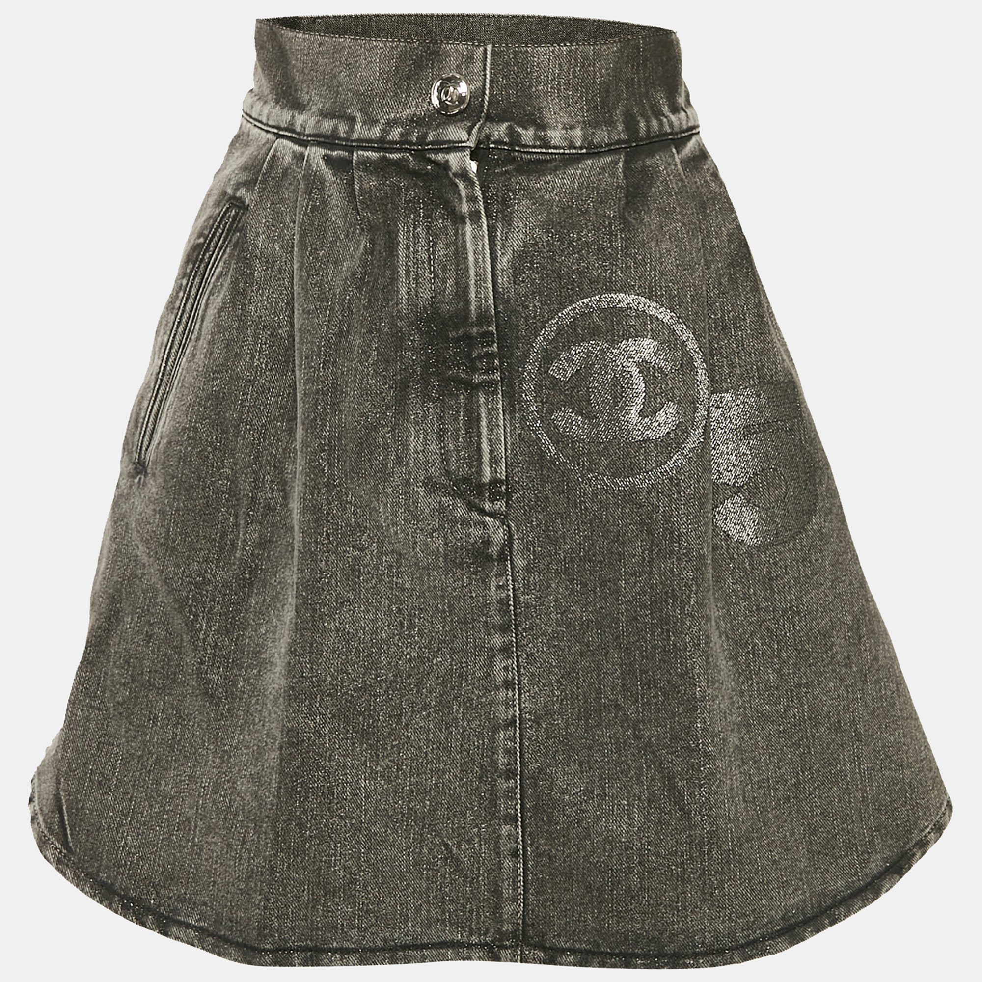 

Chanel Grey Logo Applique Denim Skirt S