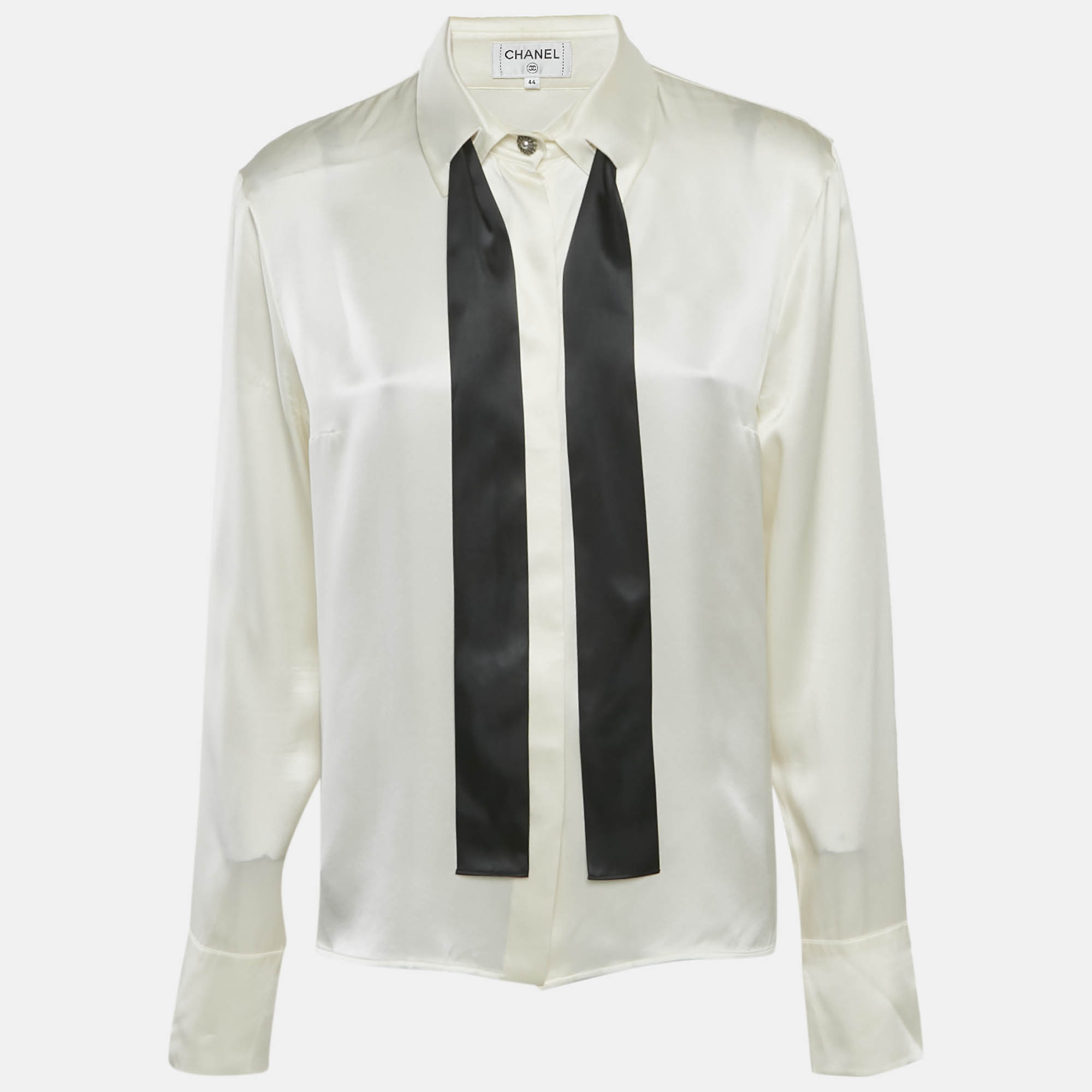 

Chanel Ivory Satin Silk Tie-Up Neck Detail Shirt L, White