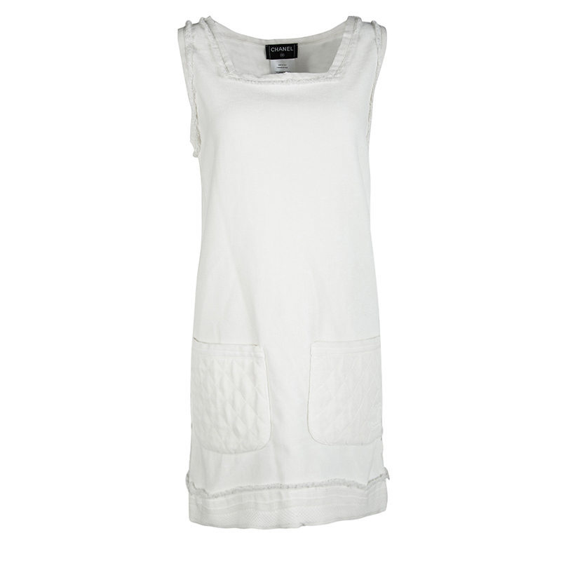 Pre Owned Chanel Ivory Velvet Fringed Trim Detail Sleeveless Dress S