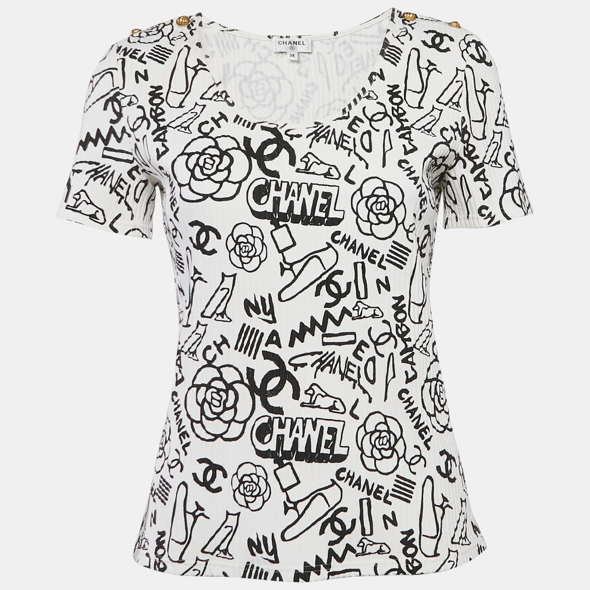 

Chanel White Print Stretch Knit Top M