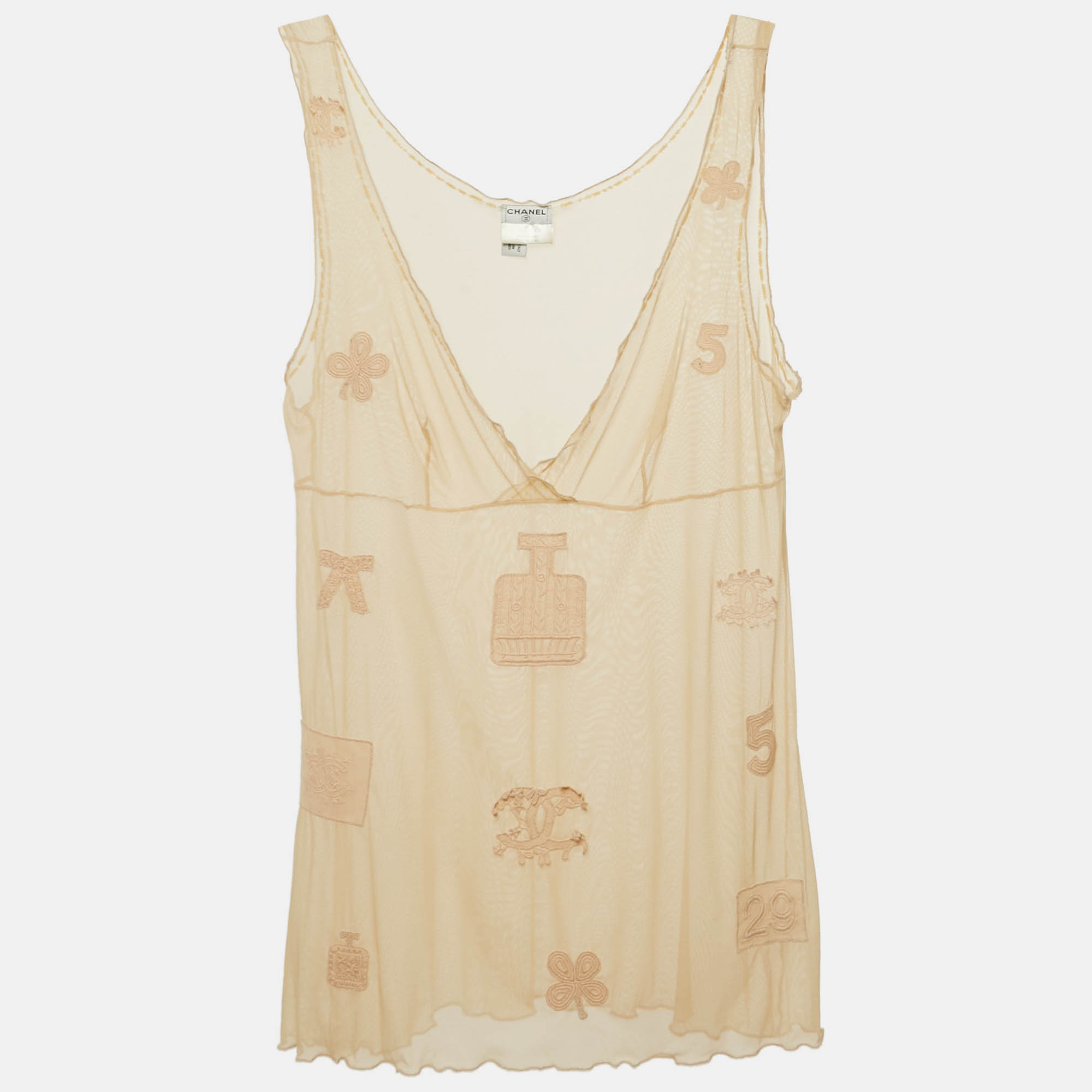 

Chanel Vintage Beige Stretch Tulle Applique Detail Sheer Top L