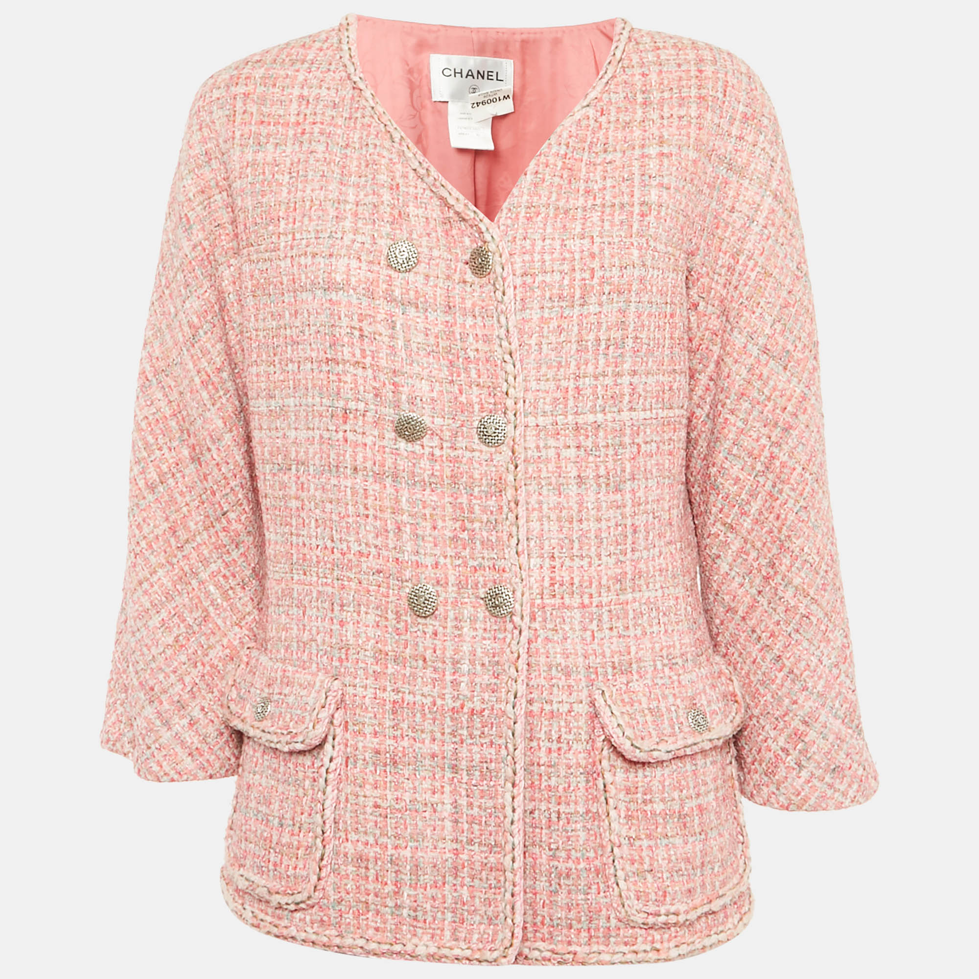 

Chanel Pink Tweed Button Front Jacket L