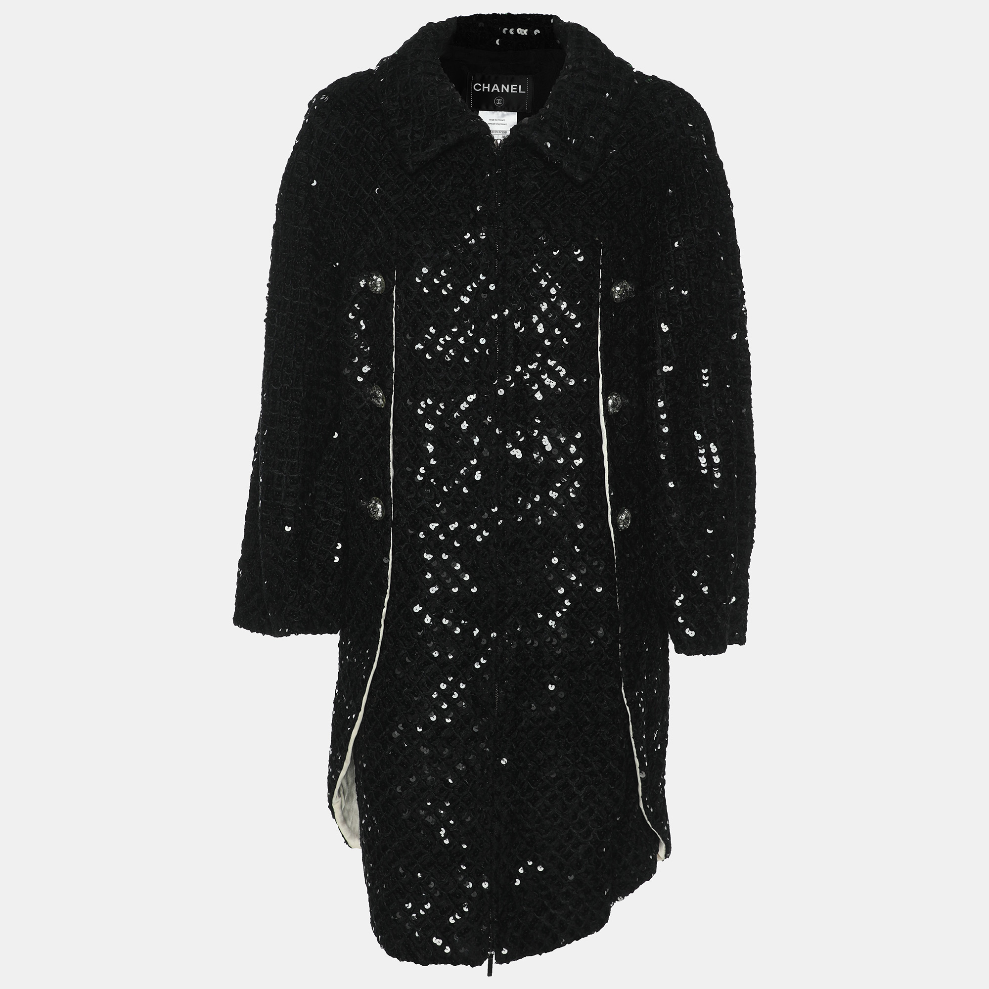 

Chanel Black Sequin Tweed Camelia Coat M