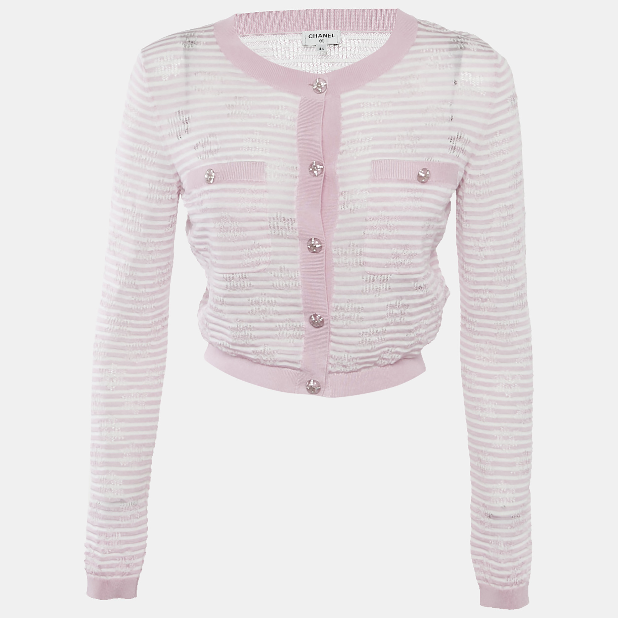 

Chanel Pink Stripe Patterned Knit Button Front Cardigan S