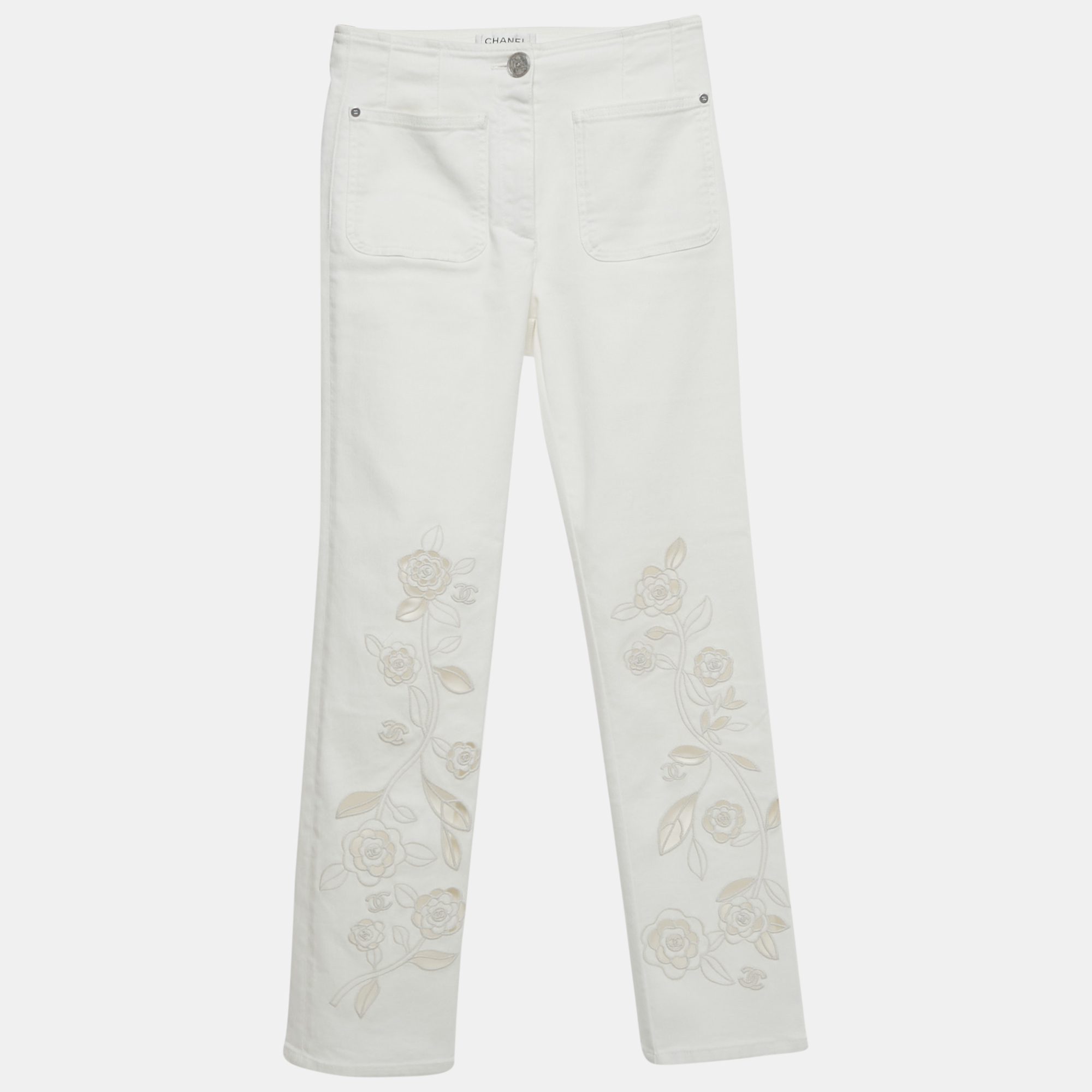 

Chanel White Floral Embroidery Cotton Drill Pants S