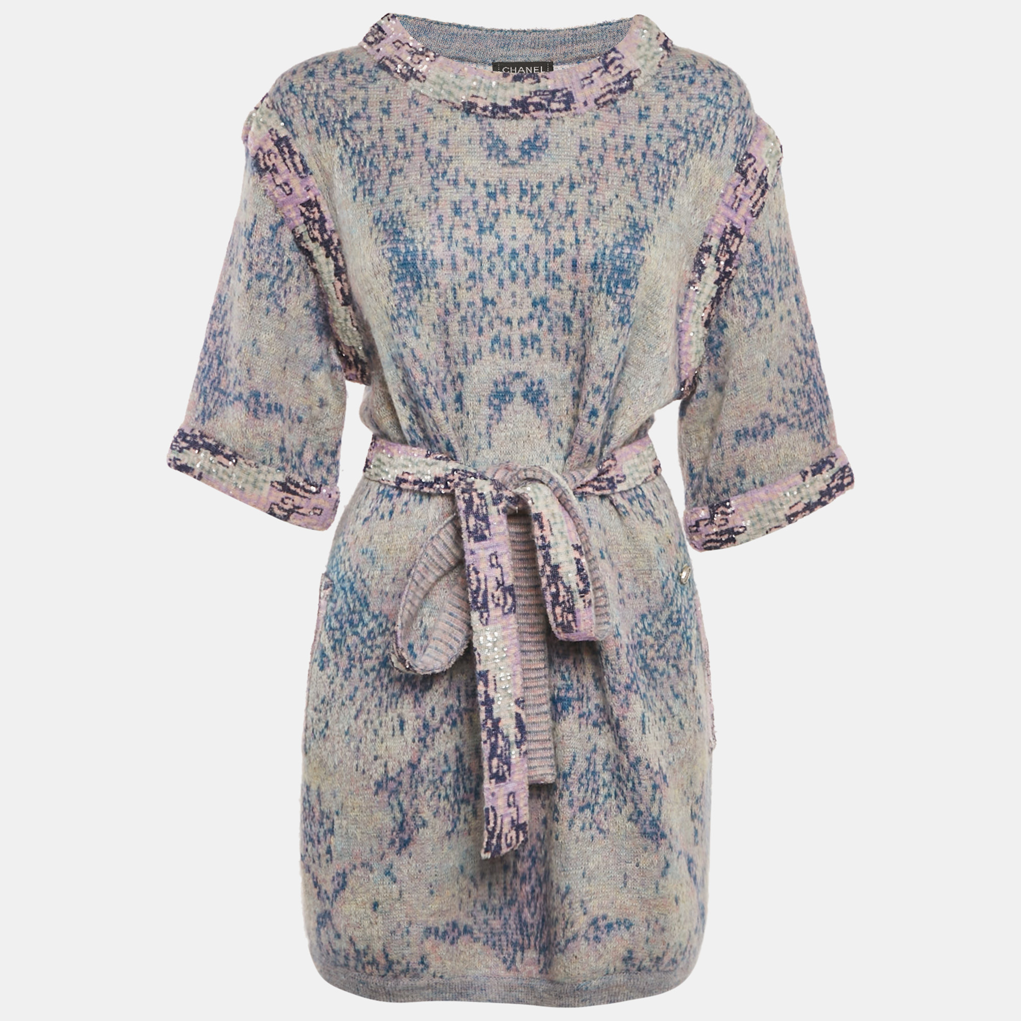 Chanel Multicolor Wool Blend Knit Sequin Detail Belted Mini Dress M