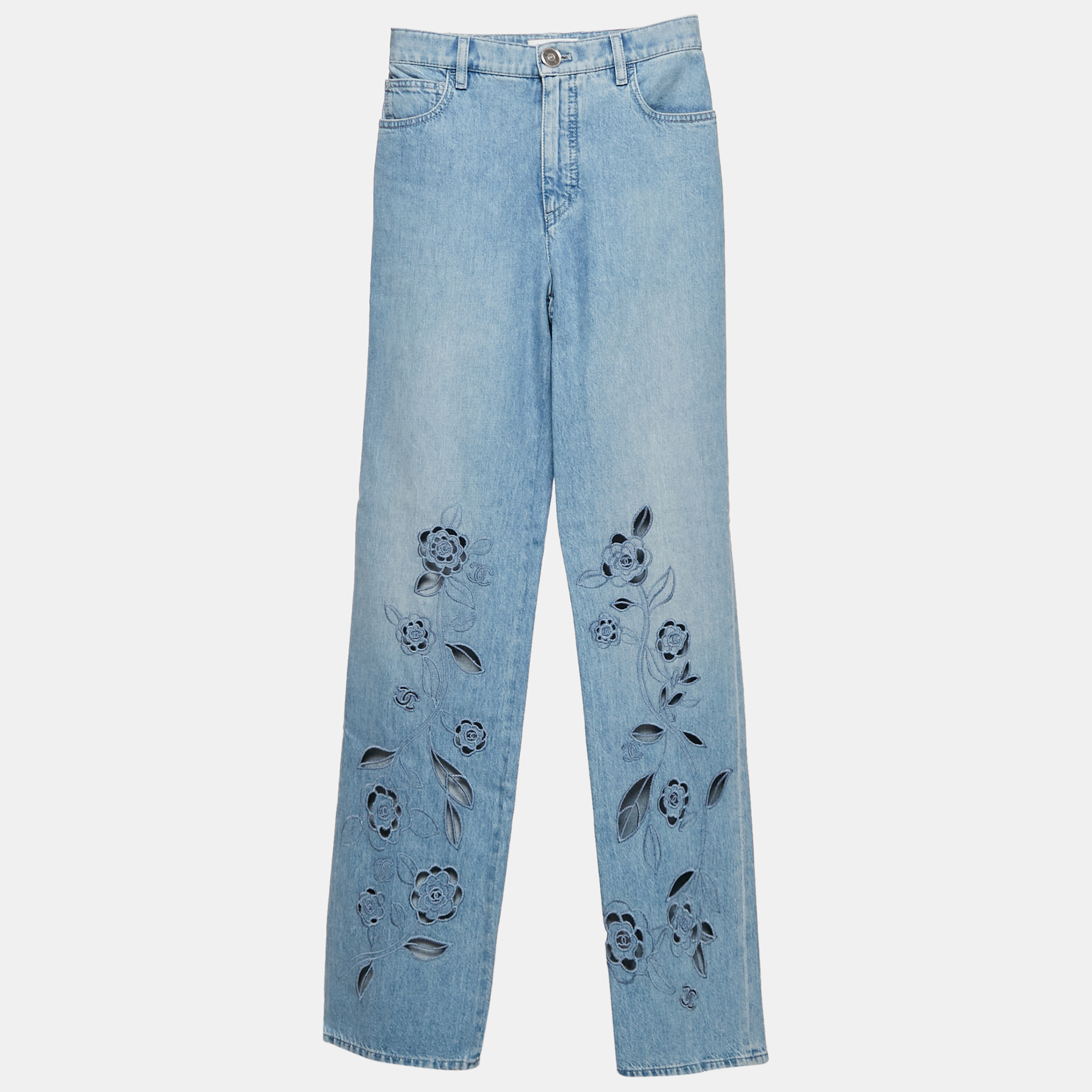 Pre-owned Chanel Blue Floral Floral Cut-work Denim Straight Leg High Rise Jeans Waist 24" S
