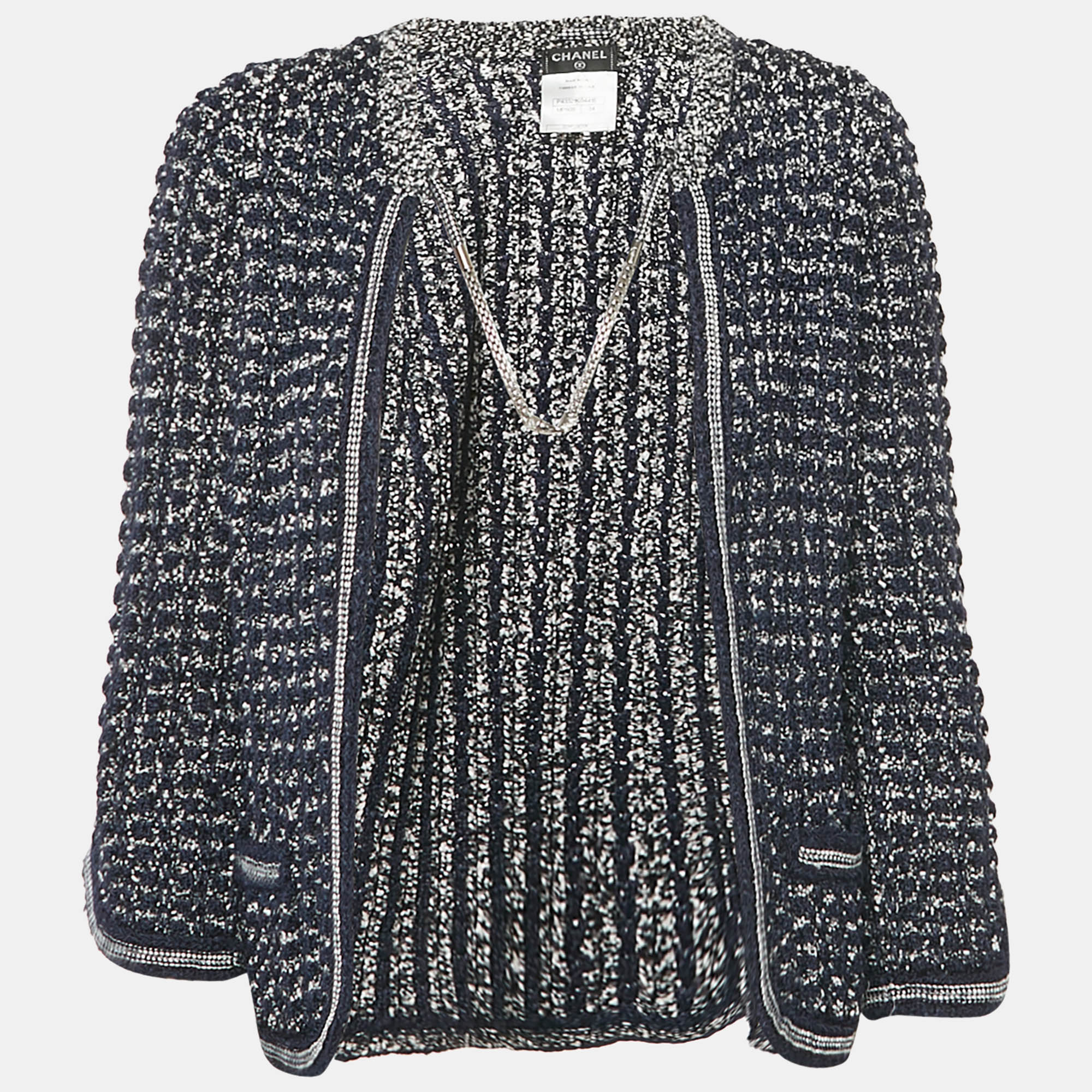 

Chanel Navy Blue Crochet Knit Neck Chain Detail Cardigan S