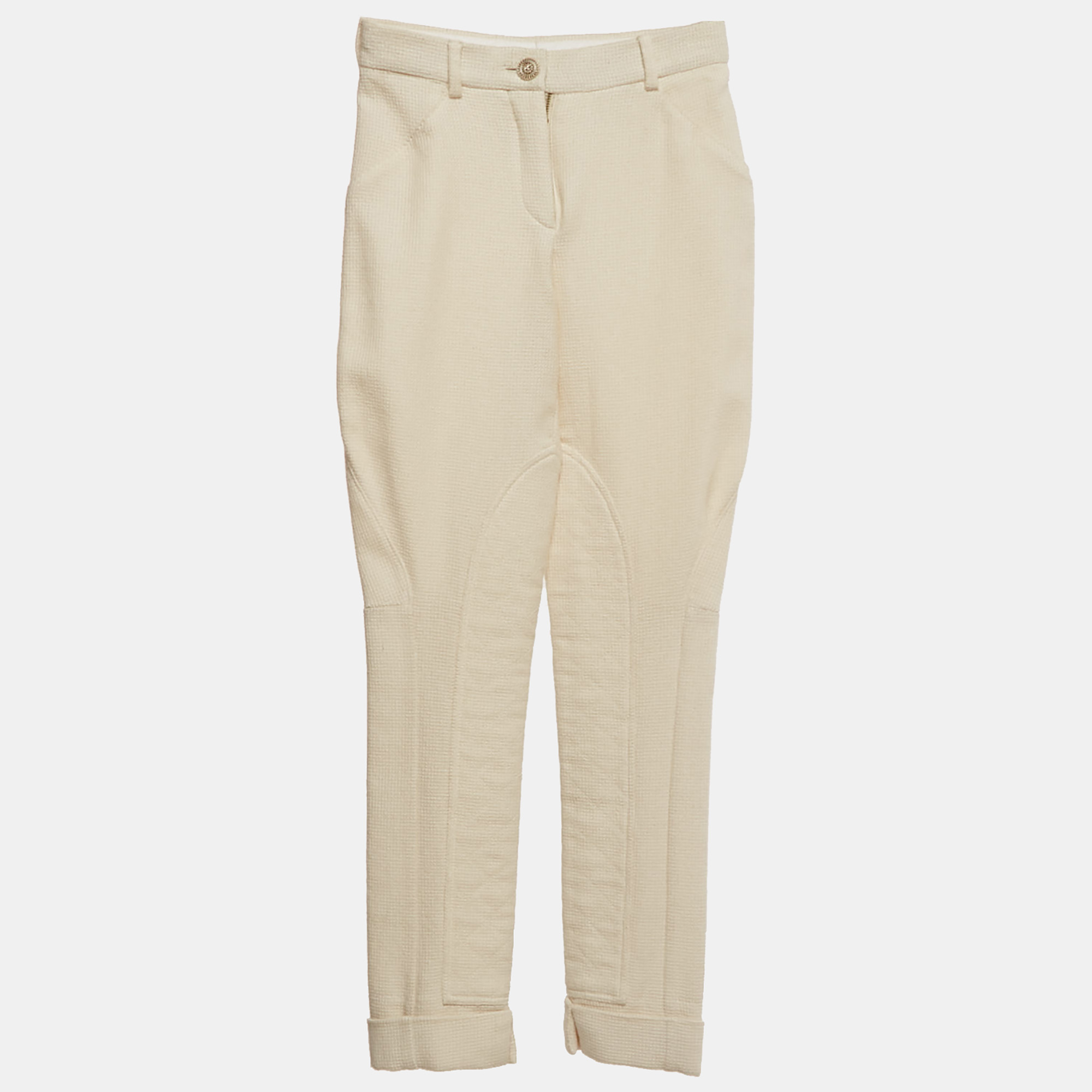 Pre-owned Chanel Cream Boucle Skiny Trousers S In White