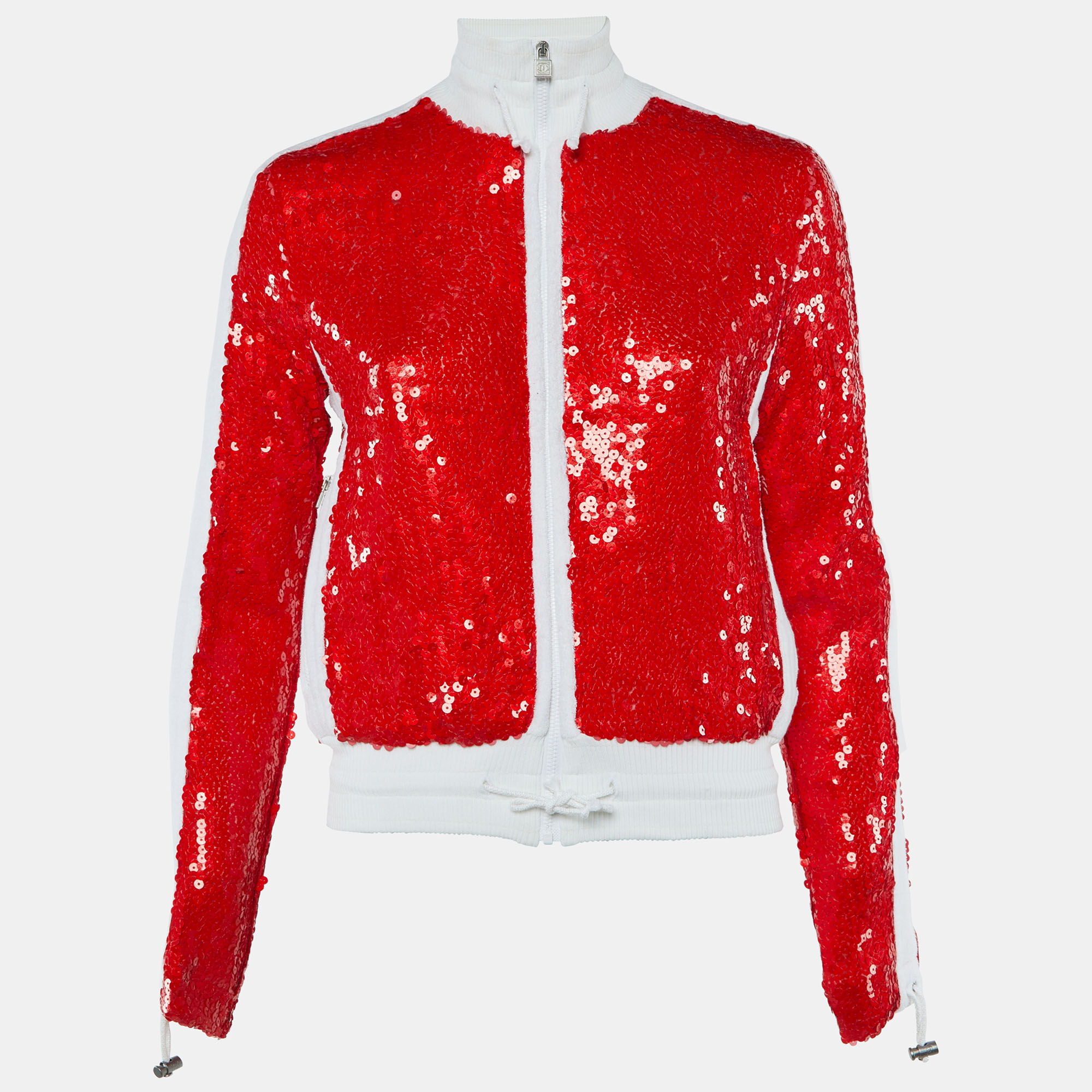 Pre-owned Chanel White Terry & Red Sequin Embbellished Zip Front Jacket S