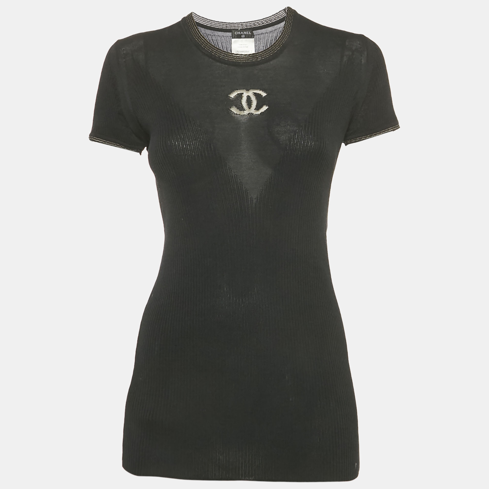 

Chanel Black Logo Detail Rib Knit Top L