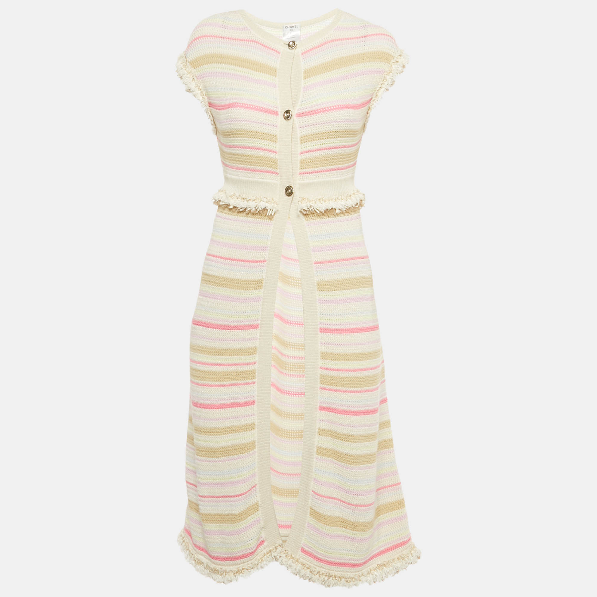 

Chanel Cream/Pink Striped Knit Short Sleeve Cardigan S