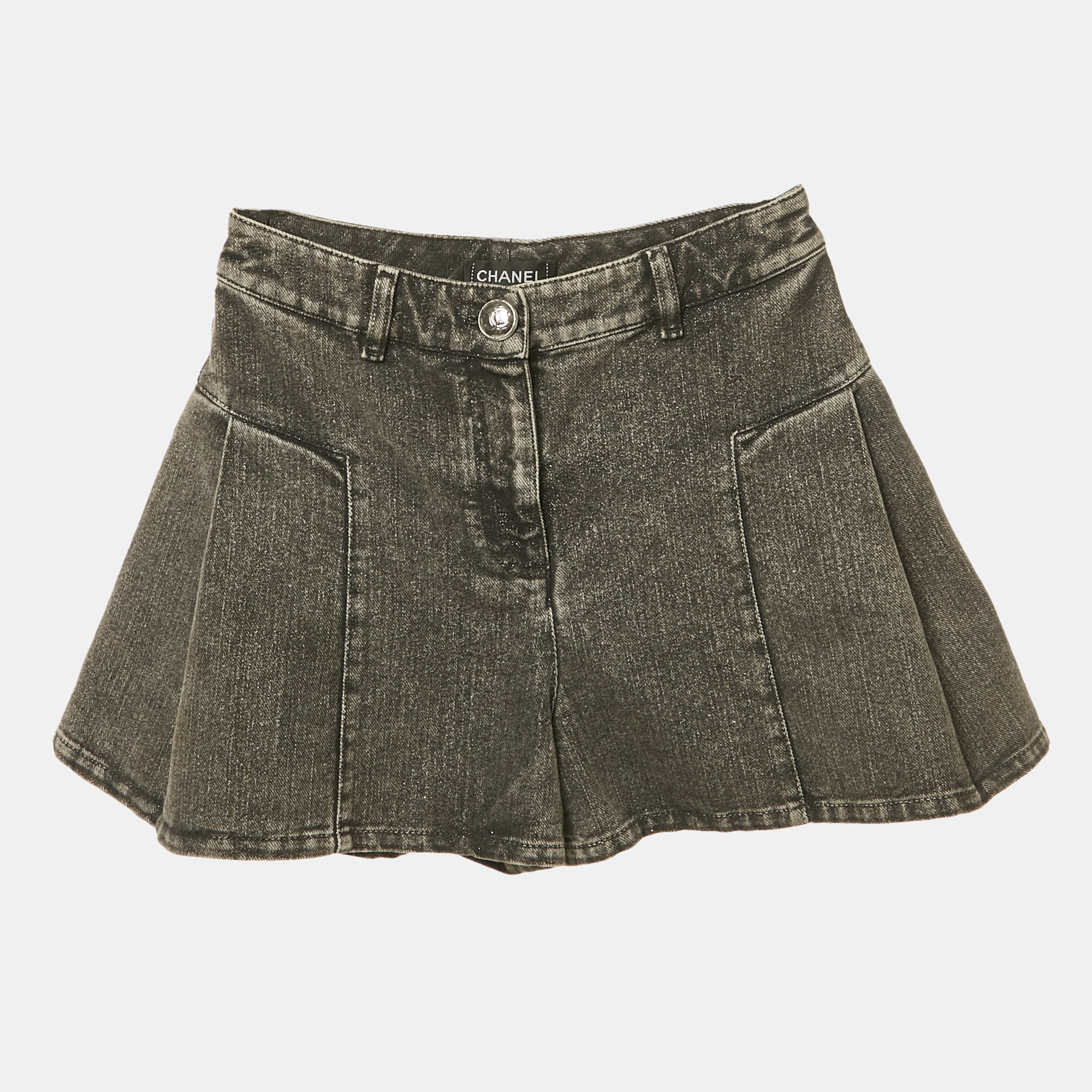 

Chanel Grey Logo Embroidered Flared Denim Shorts S Waist 26"