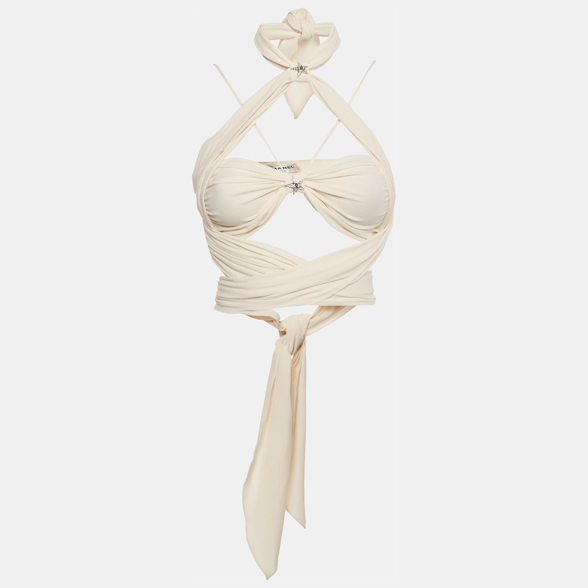

Chanel Cream Silk Logo Star Detail Cut-Out Top S, Beige