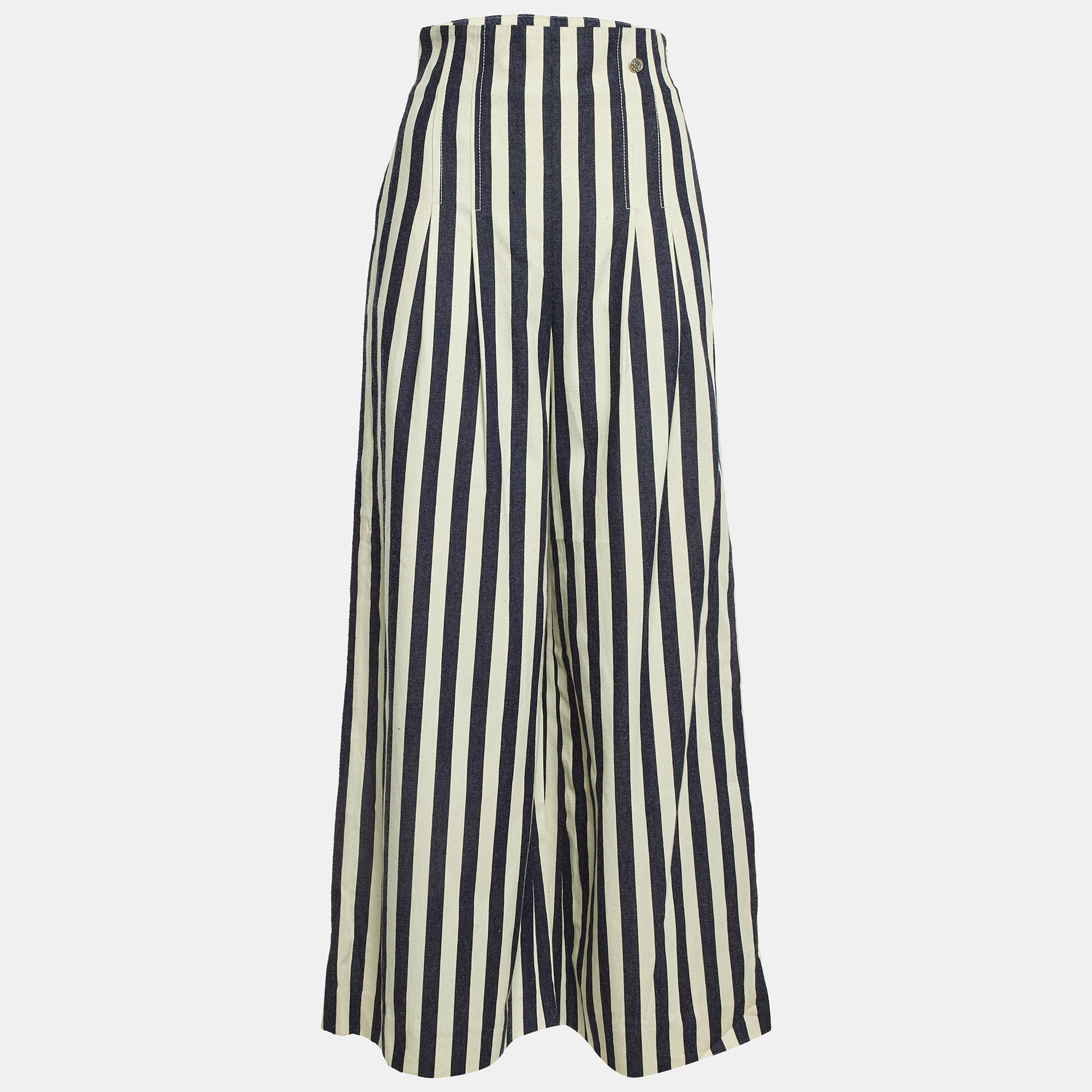 Chanel Navy Blue Stripe Cotton Flared Cuba Pants M