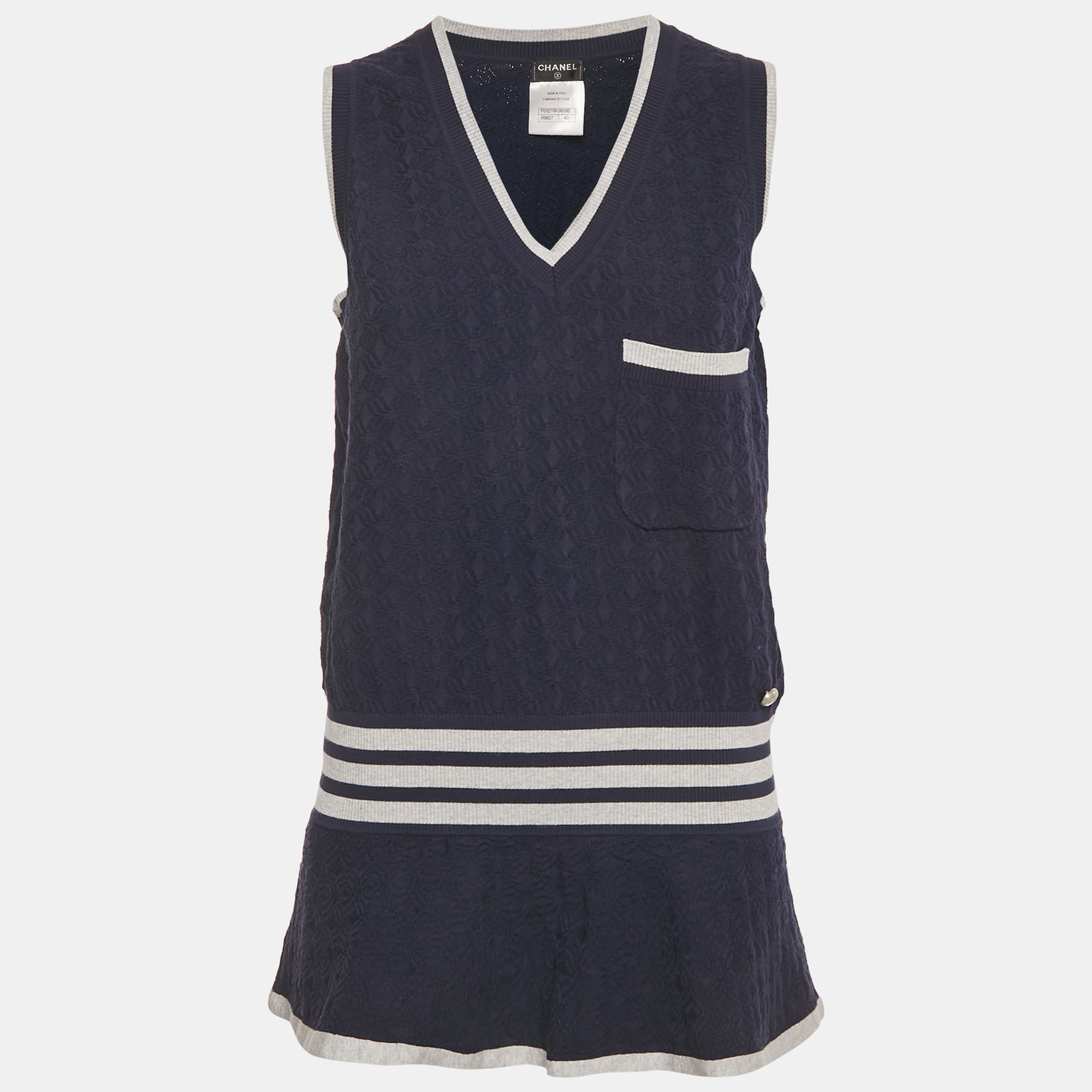 

Chanel Navy Blue Patterned Cotton Knit Flared Long Vest M