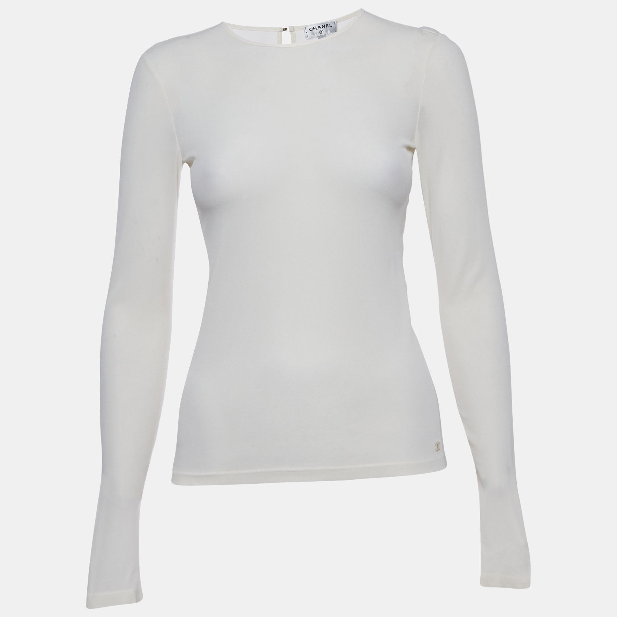 

Chanel White Silk Logo Metal Detail Long Sleeve Top S