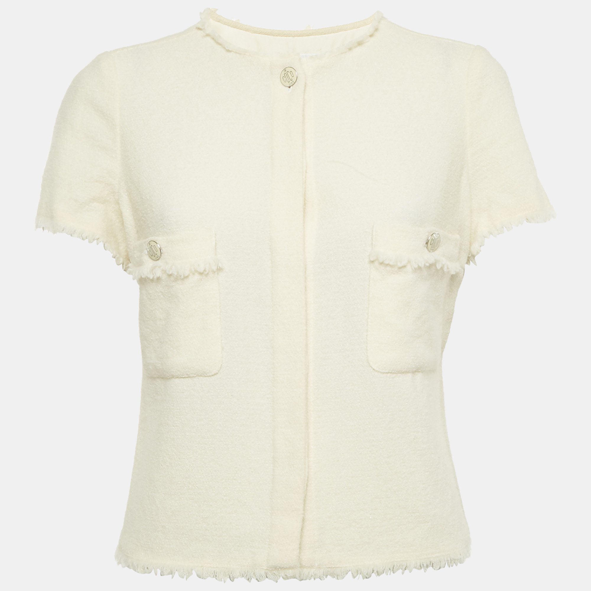 Pre-owned Chanel Cream Wool Tweed Button Front Cropped Jacket M In White