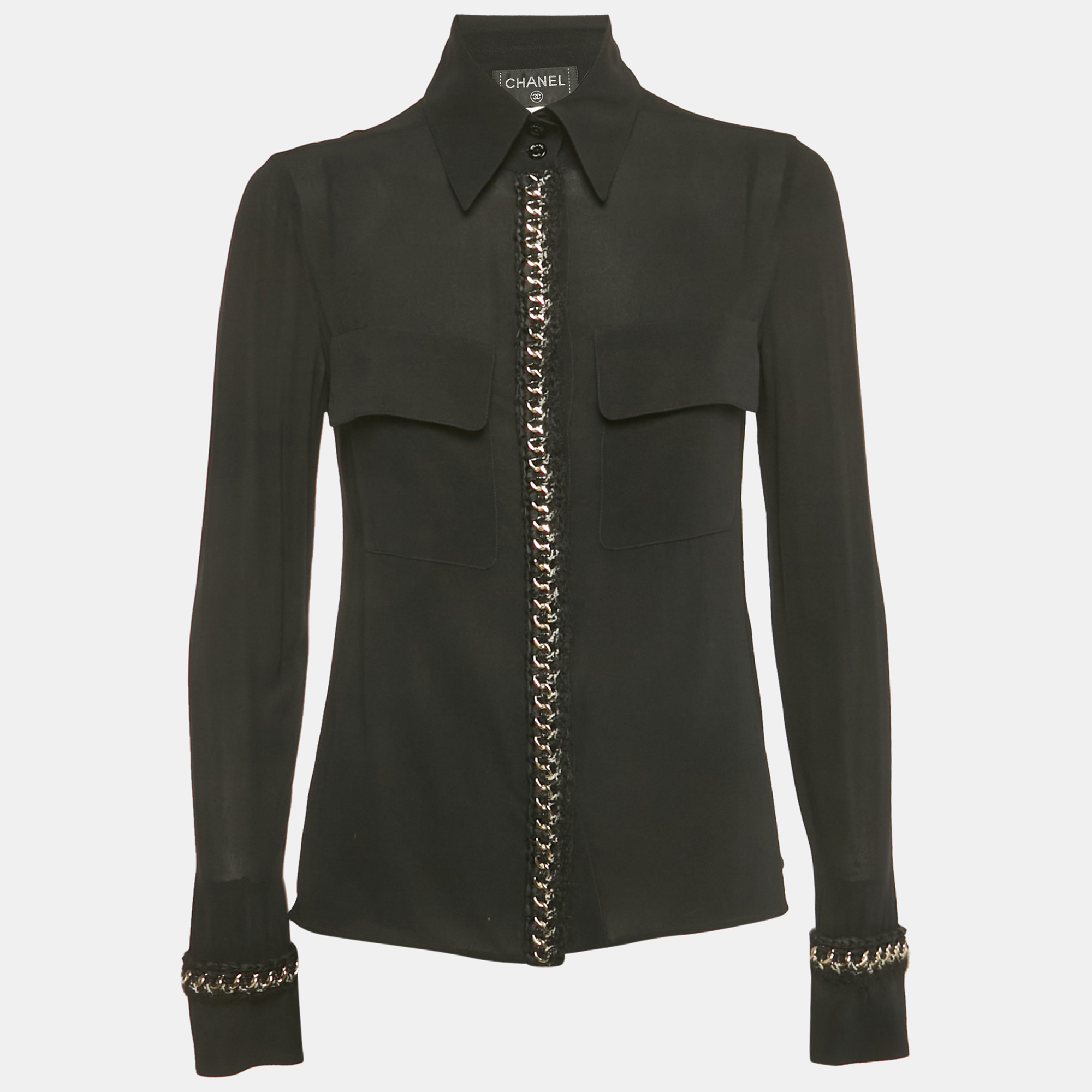

Chanel Black Stretch Silk Tweed and Chain Trimmed Button Front Blouse M