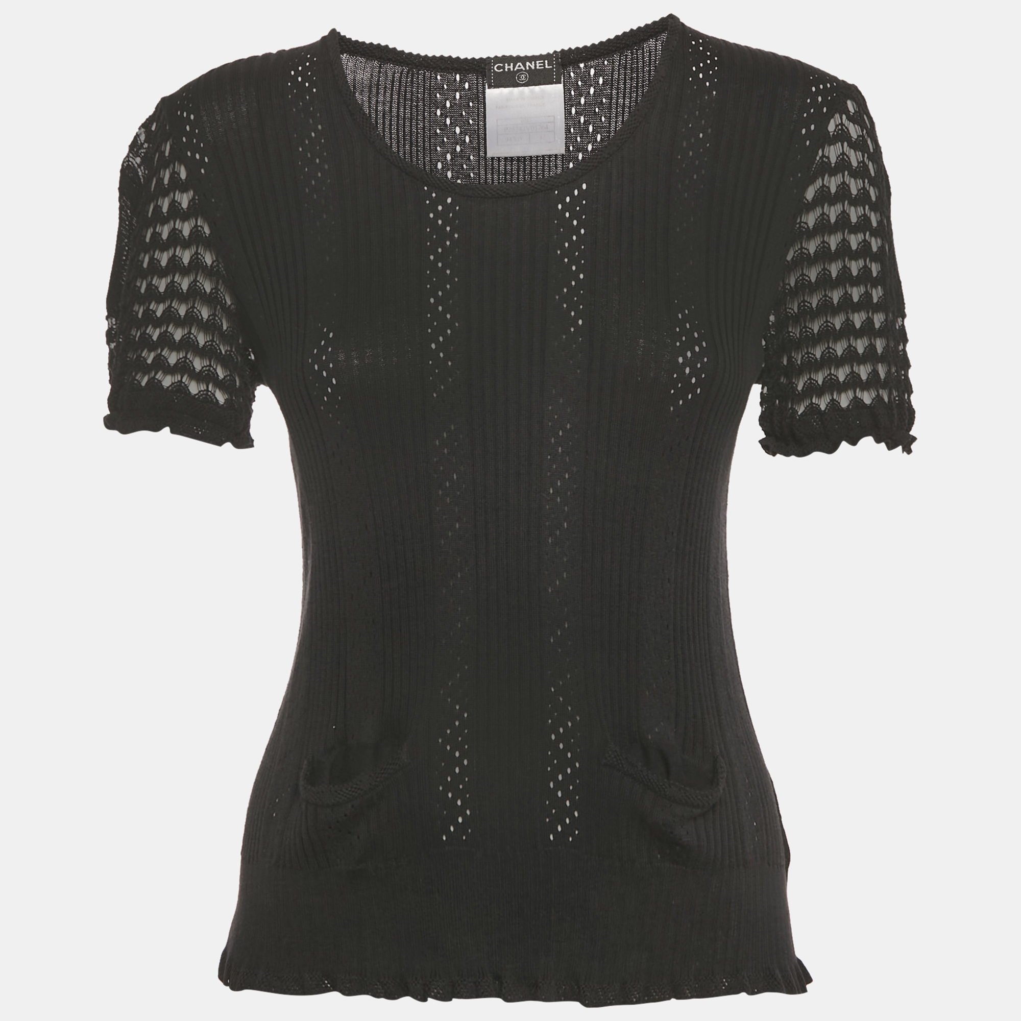 

Chanel Black Rib Knit Pocket Front Top L
