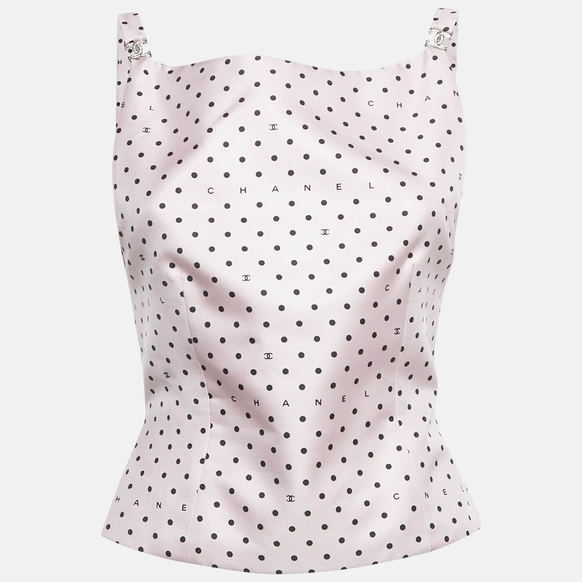 

Chanel Pink Polka Dots Silk CC Detail Lace-Up Top M